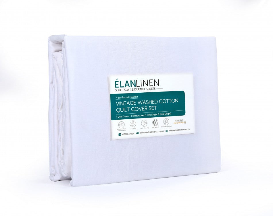 Elan Linen 100% Egyptian Cotton Vintage Washed 500TC White Single Quilt Cover Set