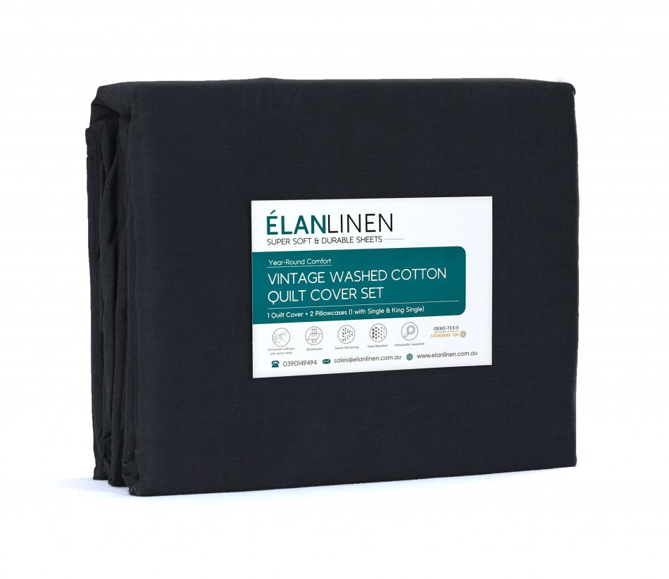 Elan Linen 100% Egyptian Cotton Vintage Washed 500TC Charcoal Super King Quilt Cover Set