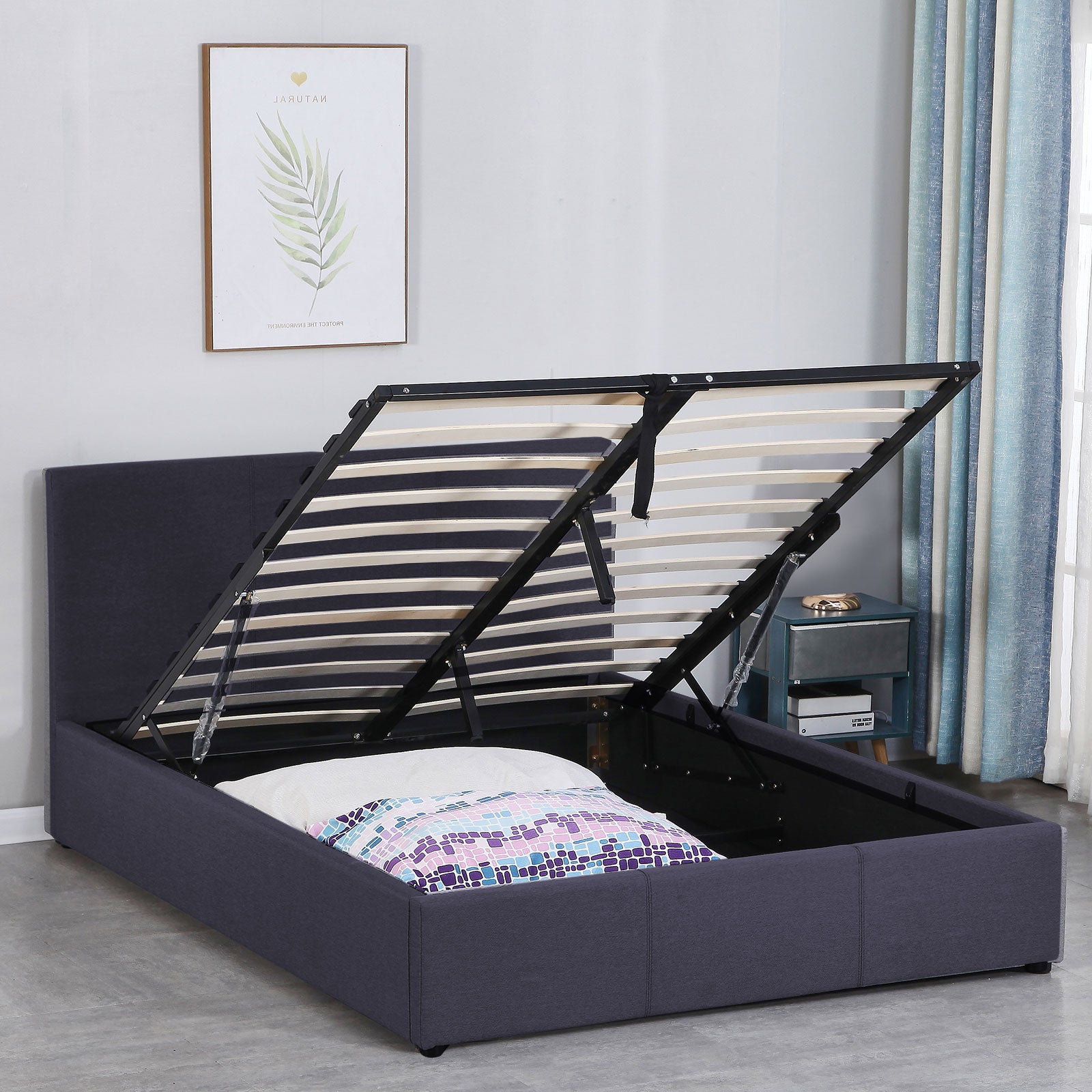 Milano Luxury Gas Lift Bed Frame Base And Headboard With Storage - King Single - Charcoal