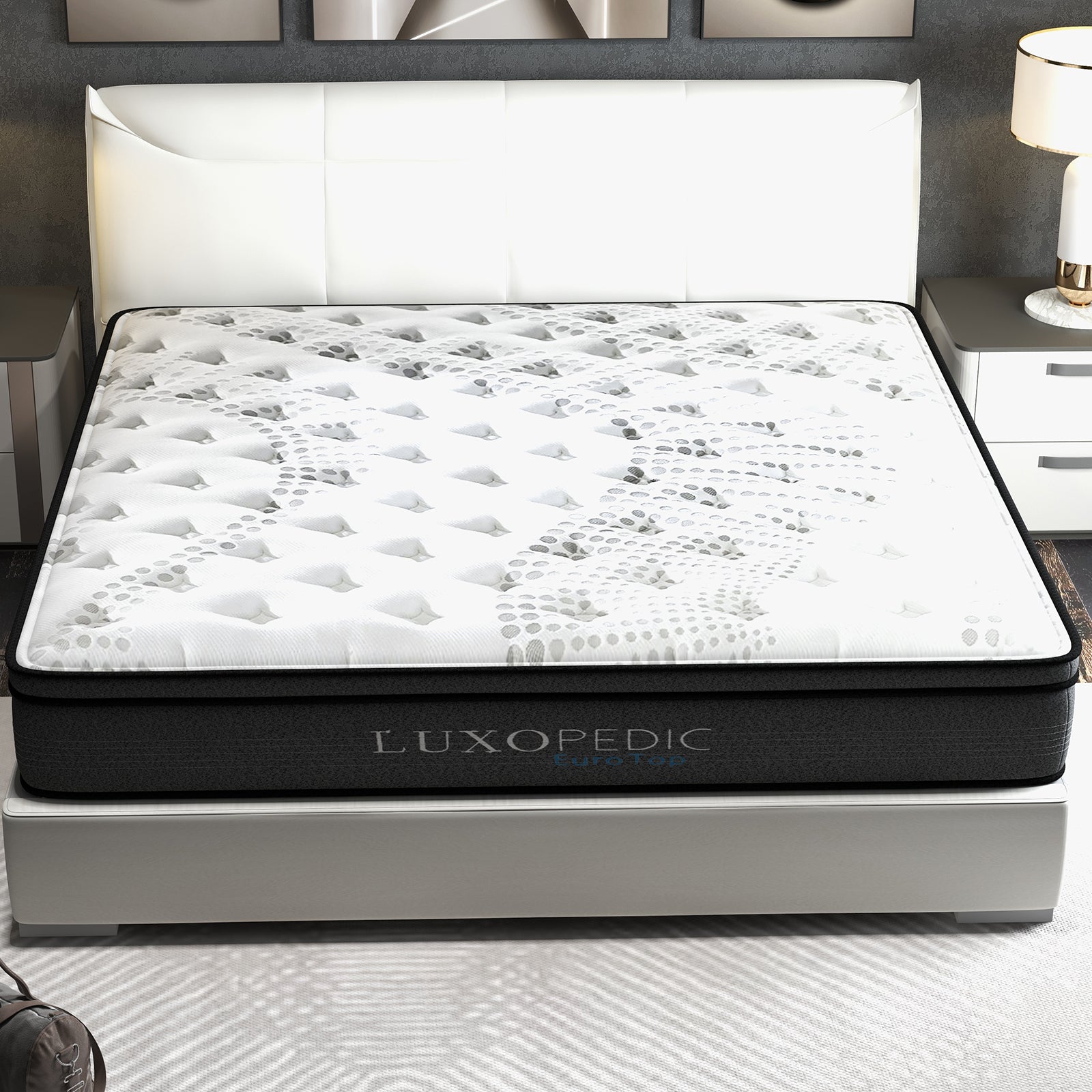 Luxopedic Pocket Spring Mattress 5 Zone 32CM Euro Top Memory Foam Medium Firm - Queen - White  Grey