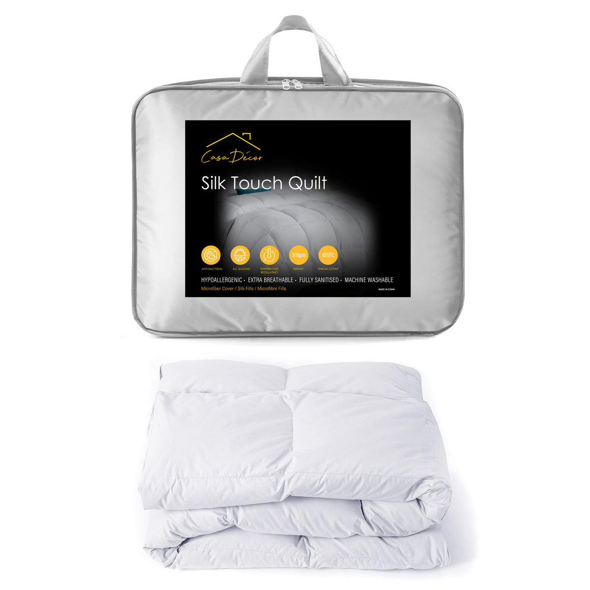 Casa Decor Silk Touch Quilt 360GSM All Seasons Antibacterial Hypoallergenic - King Single - White