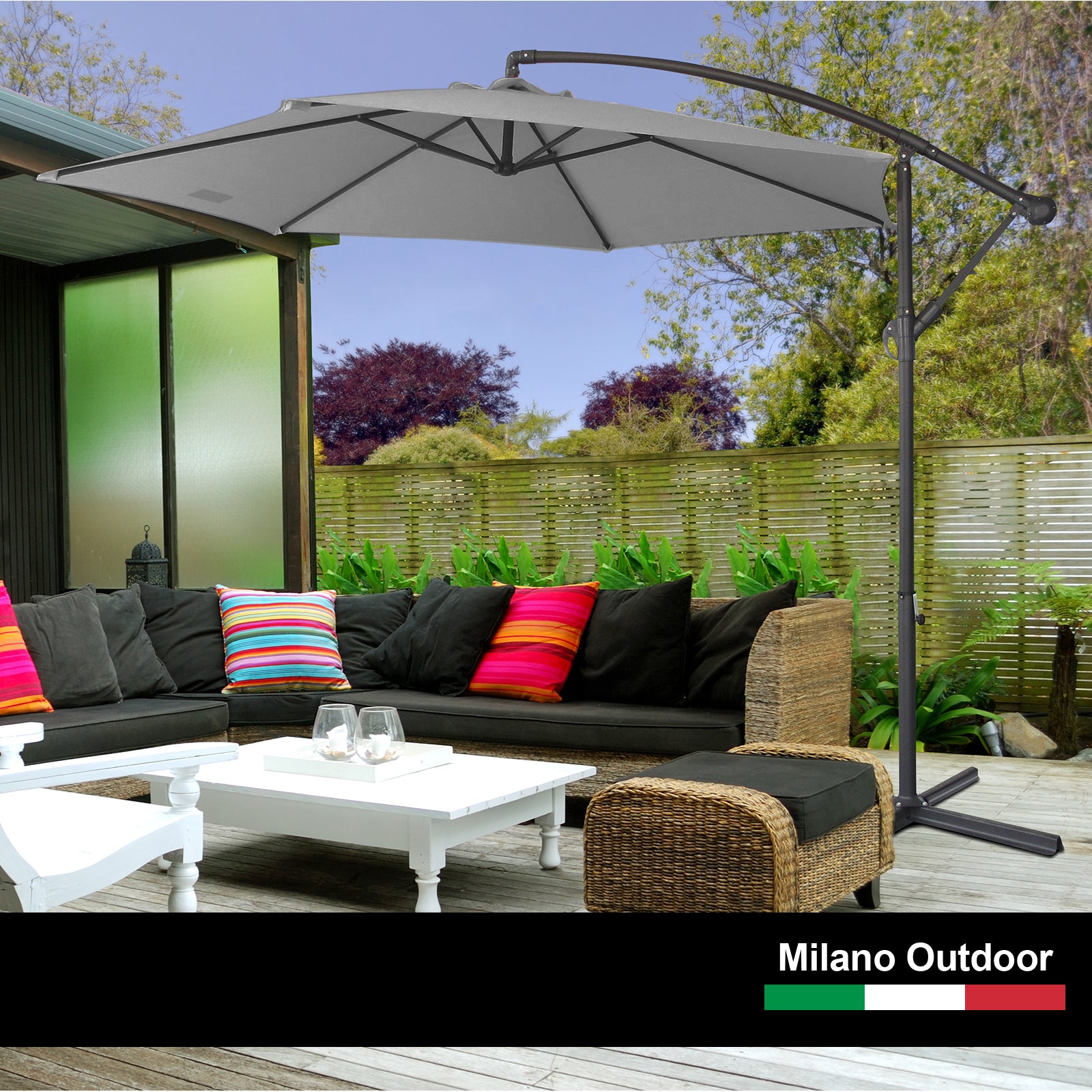 Milano Outdoor 3 Metre Cantilever Umbrella UV Sunshade Garden Patio Deck - Grey