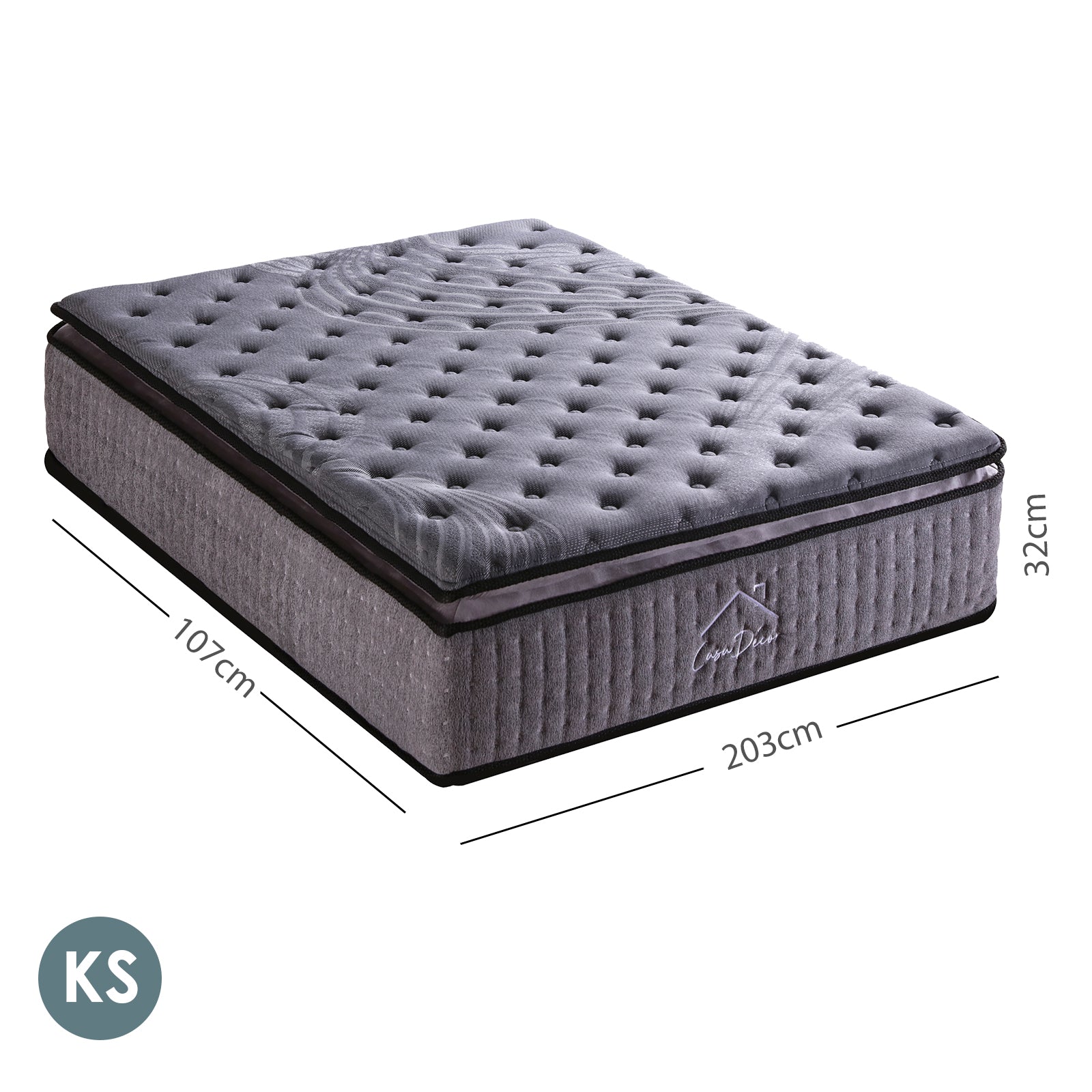 Casa Decor Bamboo Charcoal Mattress Pocket Spring Pillowtop 5 Zone 32cm Depth - King Single - Charcoal