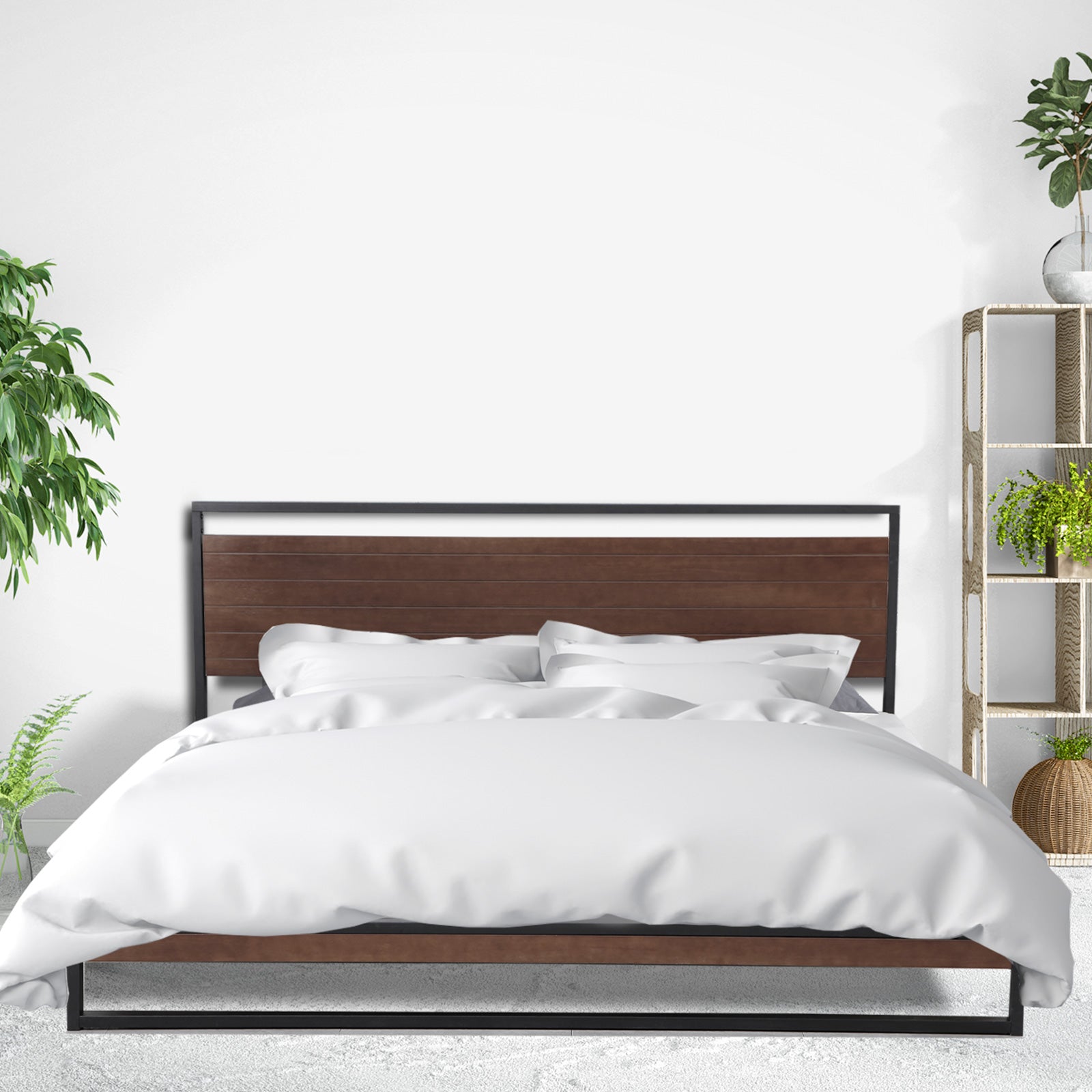 Milano Decor Azure Bed Frame With Headboard Black Wood Steel Platform Bed - Double - Black