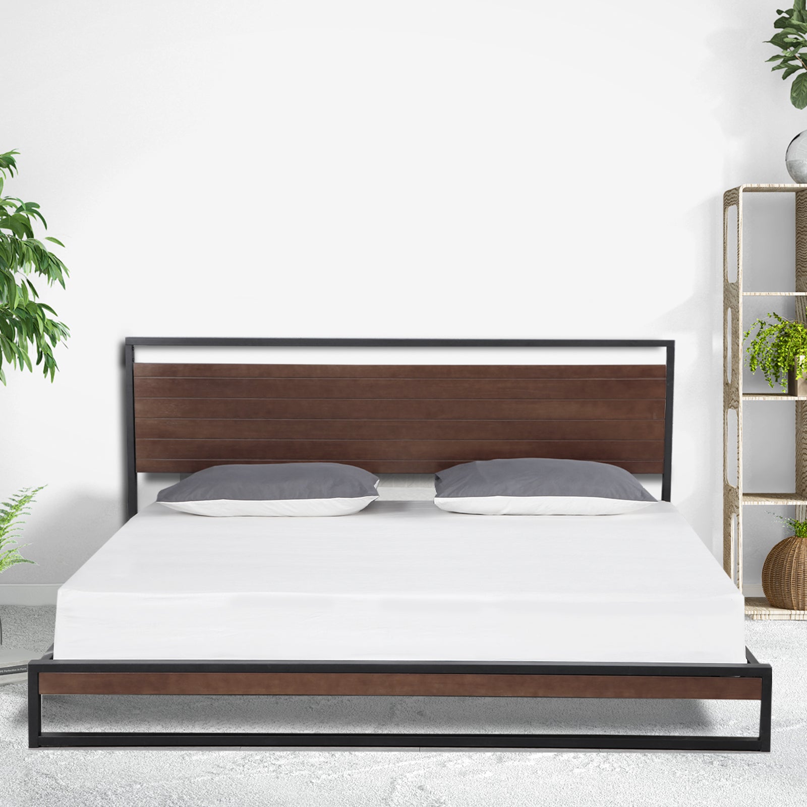 Milano Decor Azure Bed Frame With Headboard Black Wood Steel Platform Bed - Double - Black