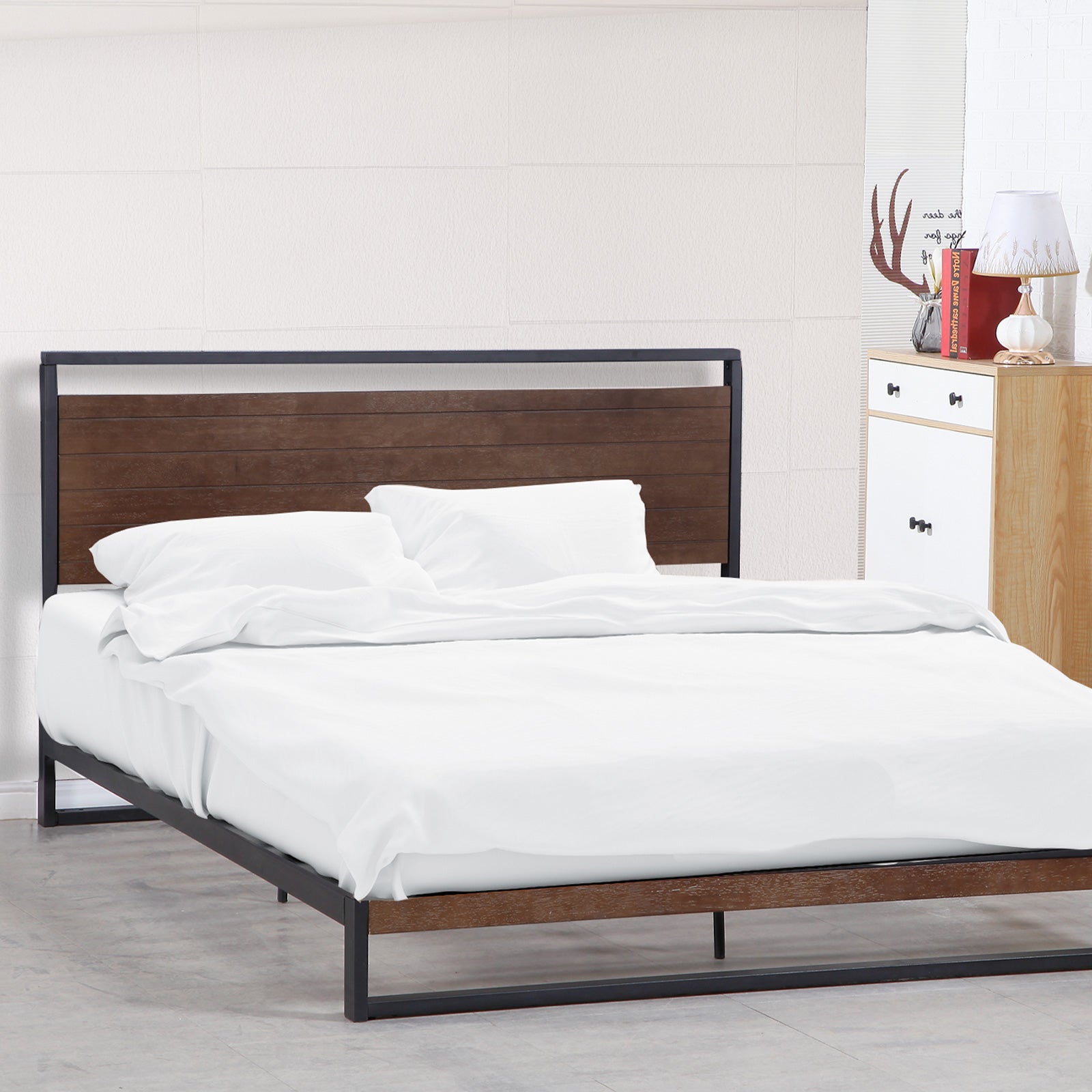 Milano Decor Azure Bed Frame With Headboard Black Wood Steel Platform Bed - Queen - Black