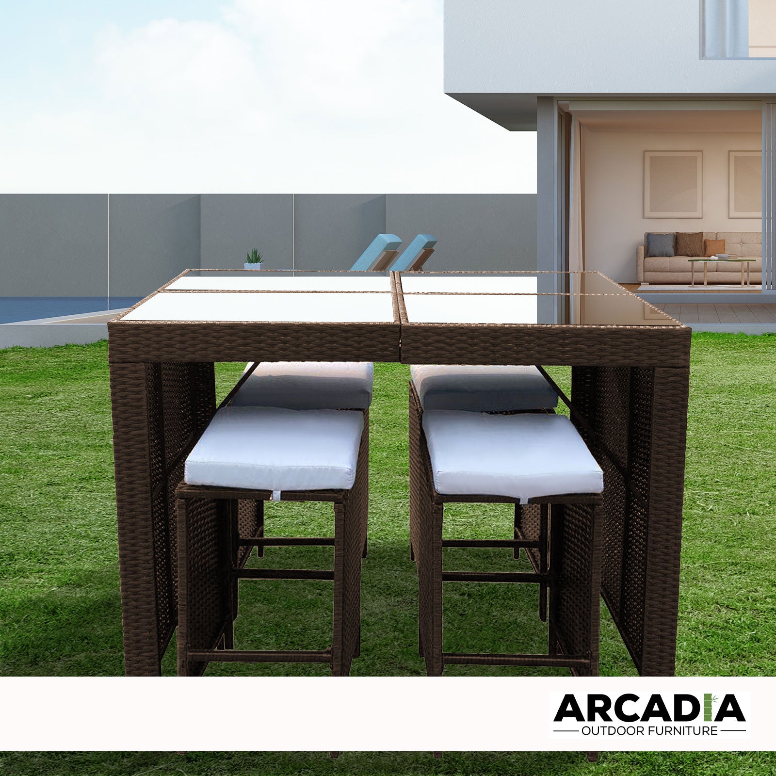 Arcadia Furniture Outdoor 5 Piece Bar Table Set Rattan and Cushions Patio Dining - Oatmeal and Grey