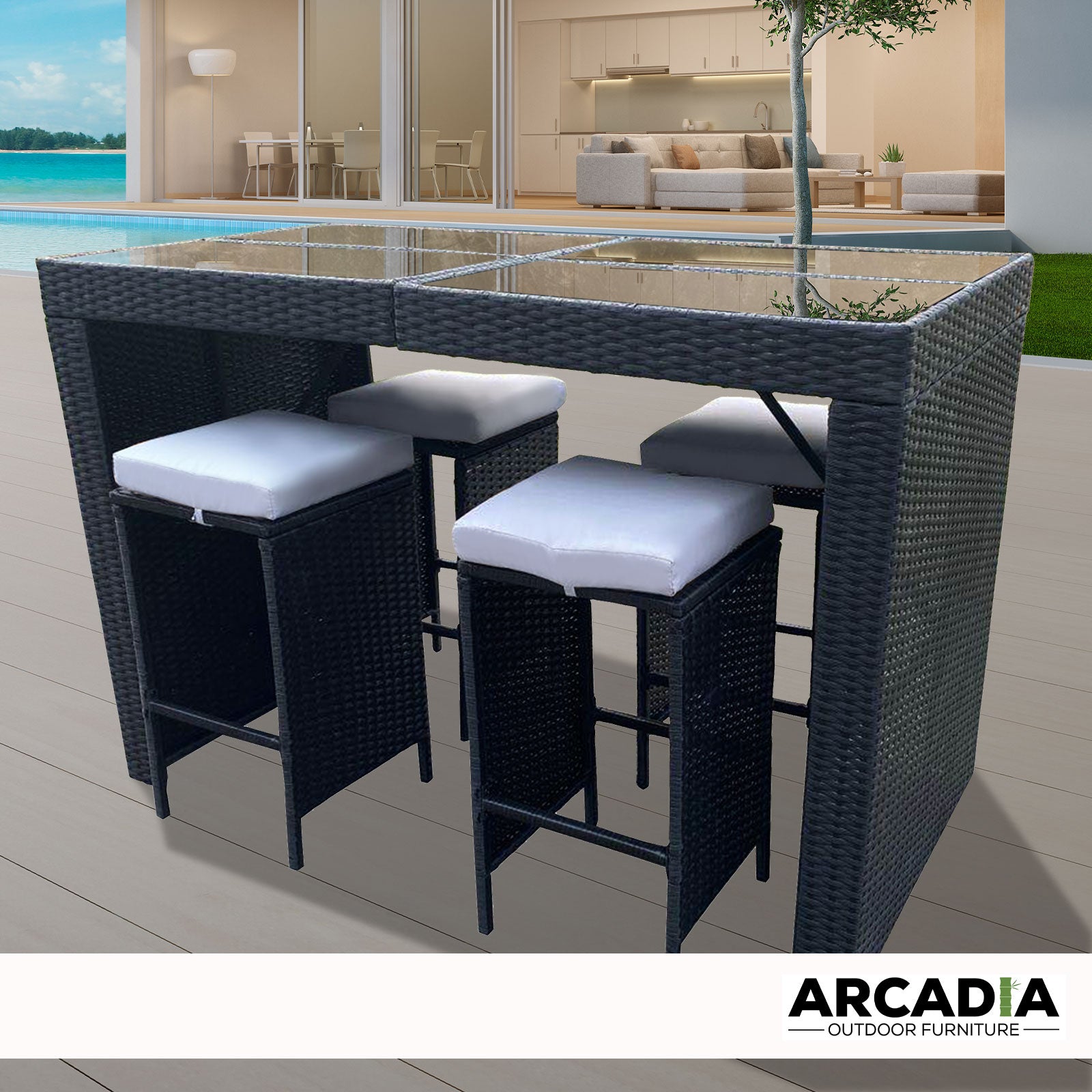 Arcadia Furniture Outdoor 5 Piece Bar Table Set Rattan and Cushions Patio Dining - Black and Grey