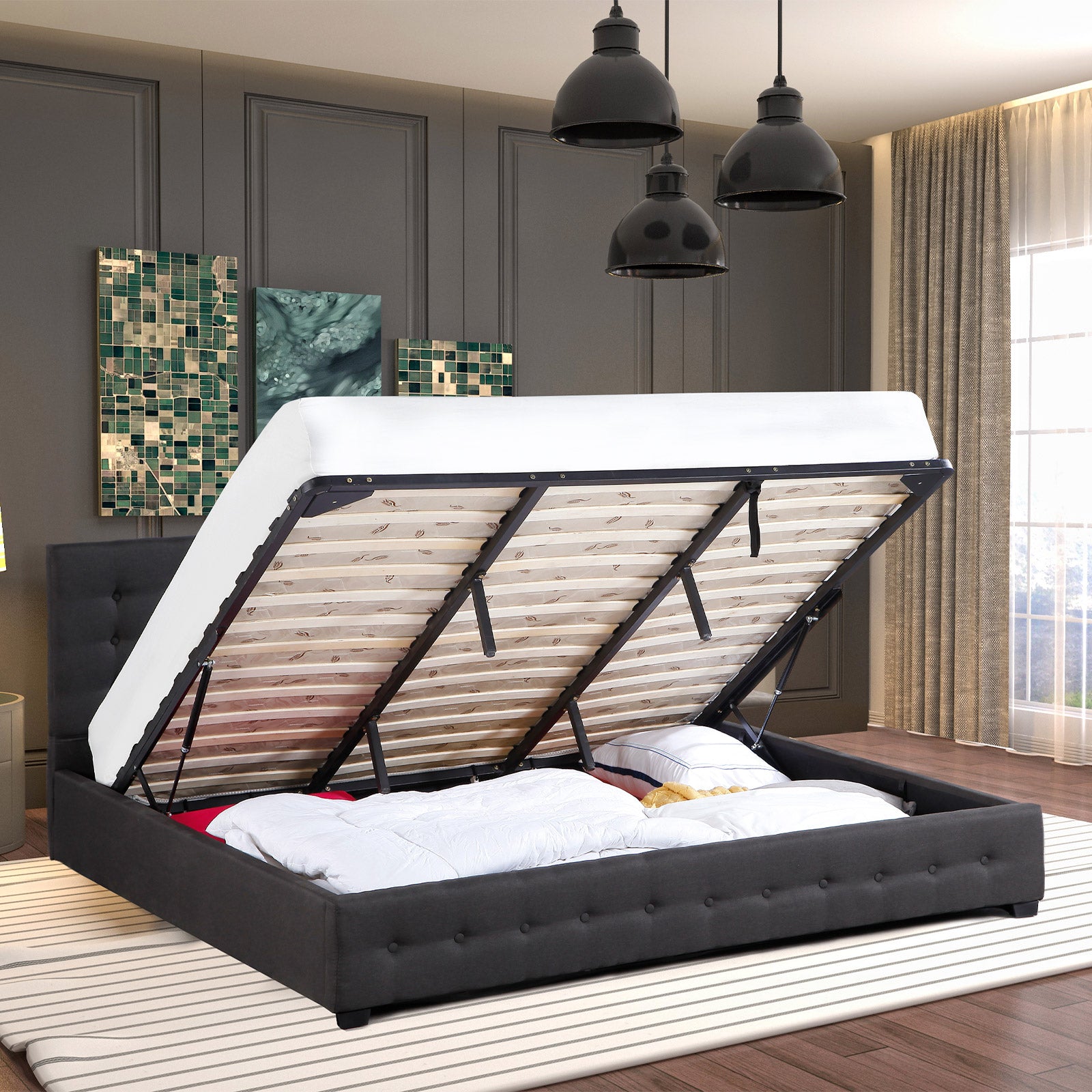 Milano Decor Eden Gas Lift Bed With Headboard Platform Storage Dark Grey Fabric - King Single - Dark Grey