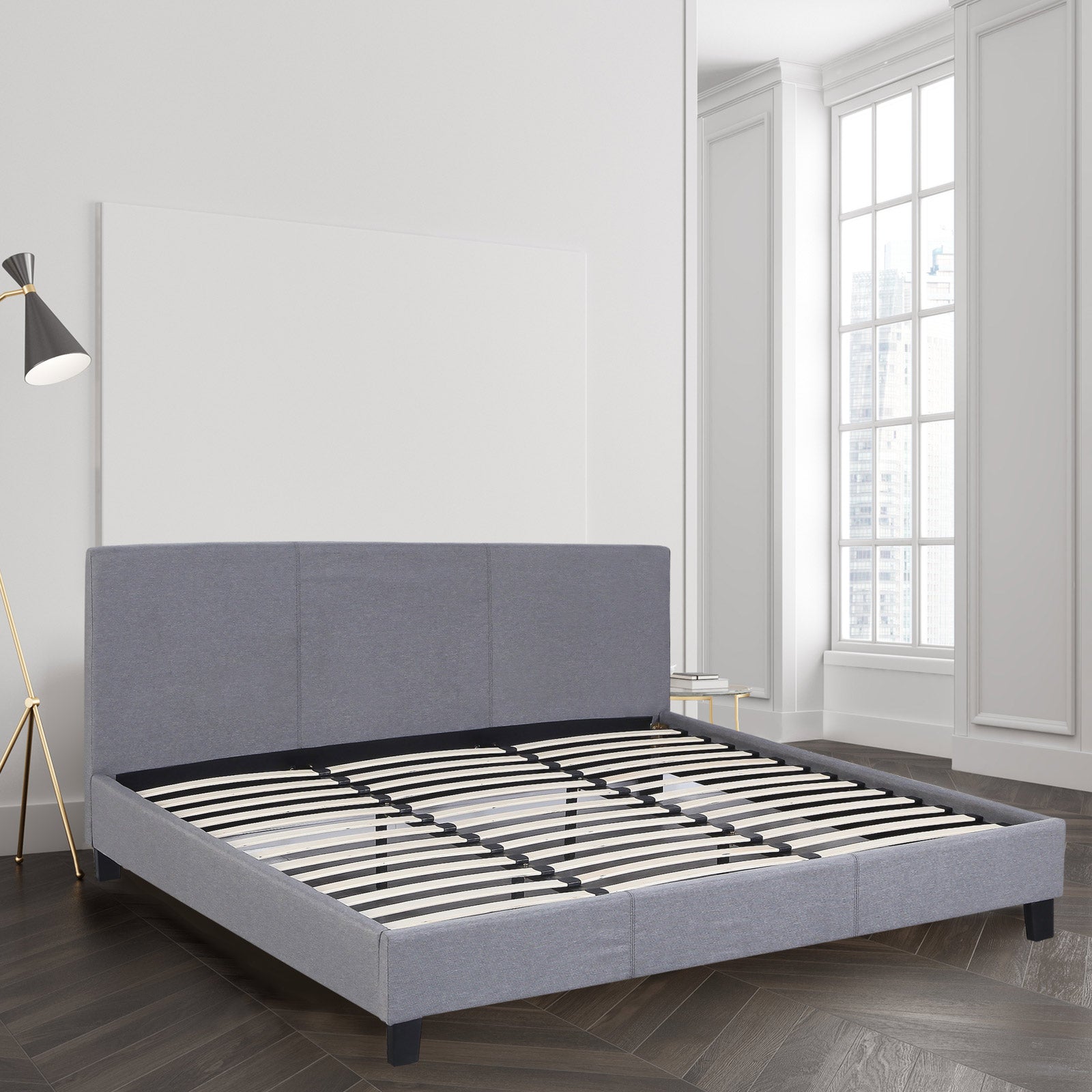 Milano Sienna Luxury Bed Frame Base And Headboard Solid Wood Padded Linen Fabric - King Single - Grey