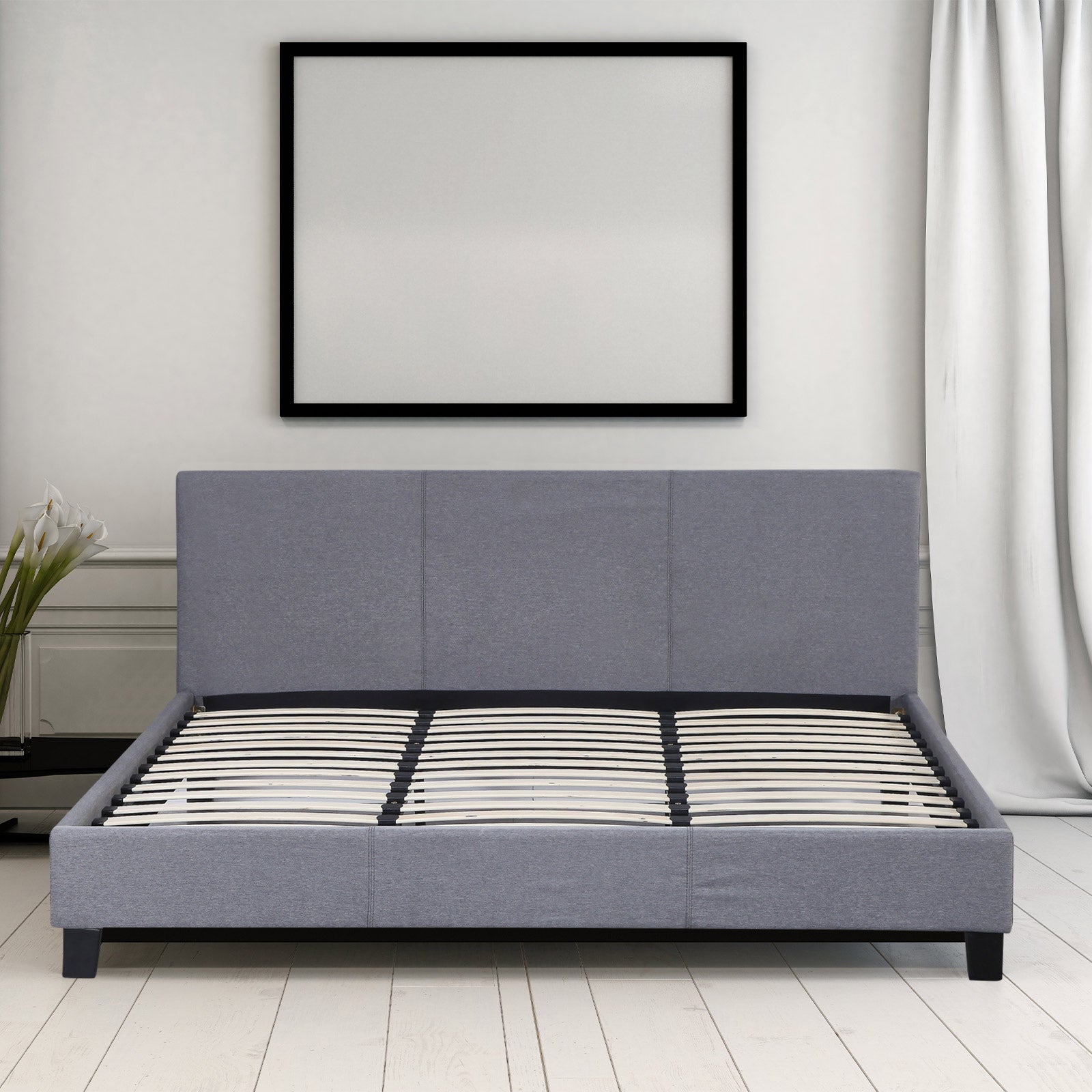 Milano Sienna Luxury Bed Frame Base And Headboard Solid Wood Padded Linen Fabric - King Single - Grey