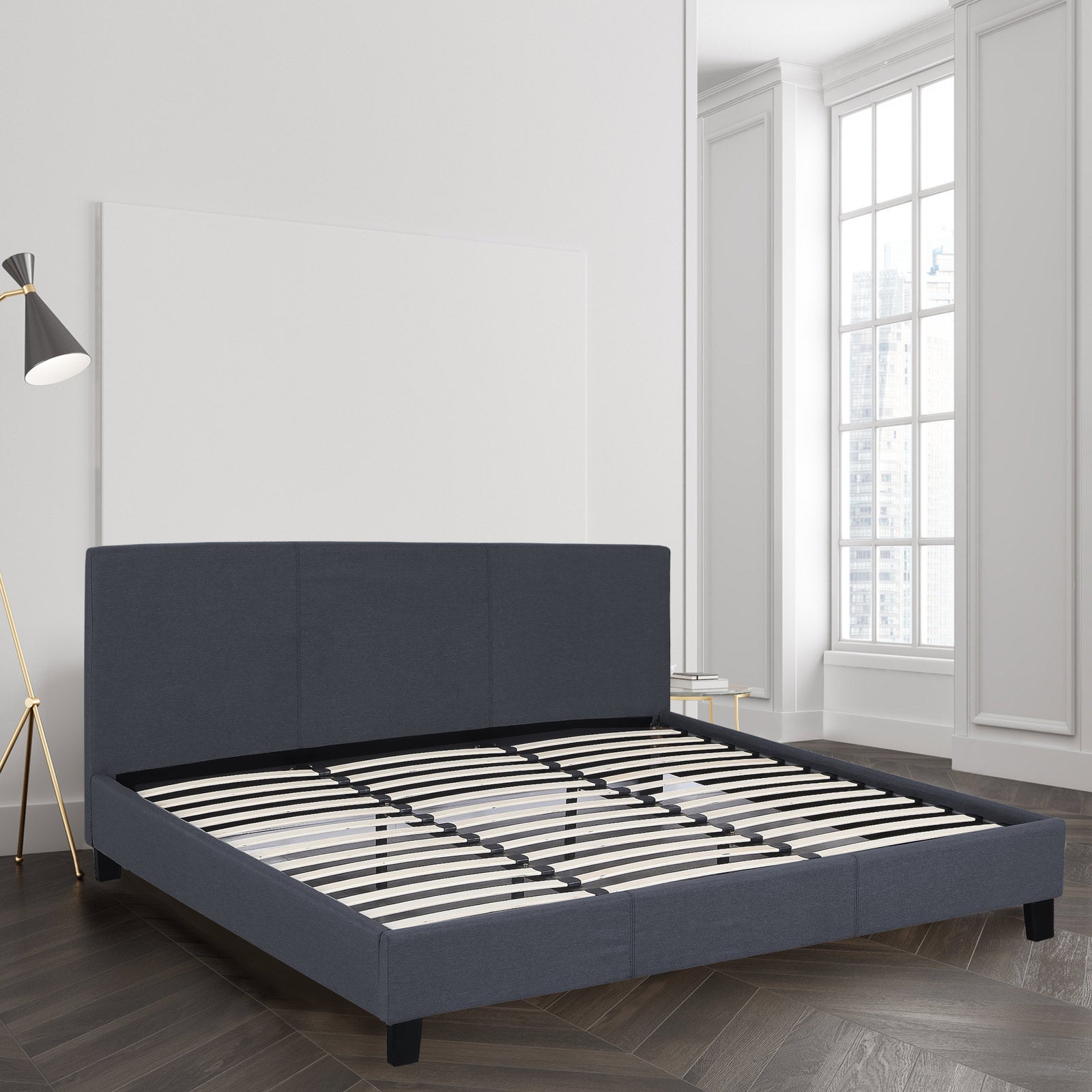 Milano Sienna Luxury Bed Frame Base And Headboard Solid Wood Padded Linen Fabric - Double - Charcoal