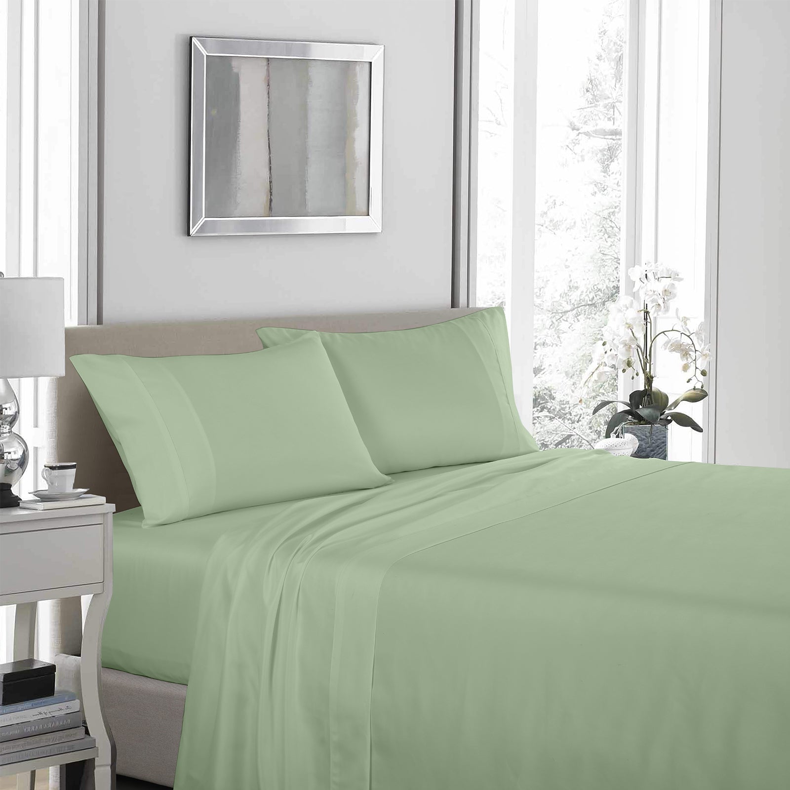 Royal Comfort 1200 Thread Count Sheet Set 4 Piece Ultra Soft Satin Weave Finish - Double - Sage Green