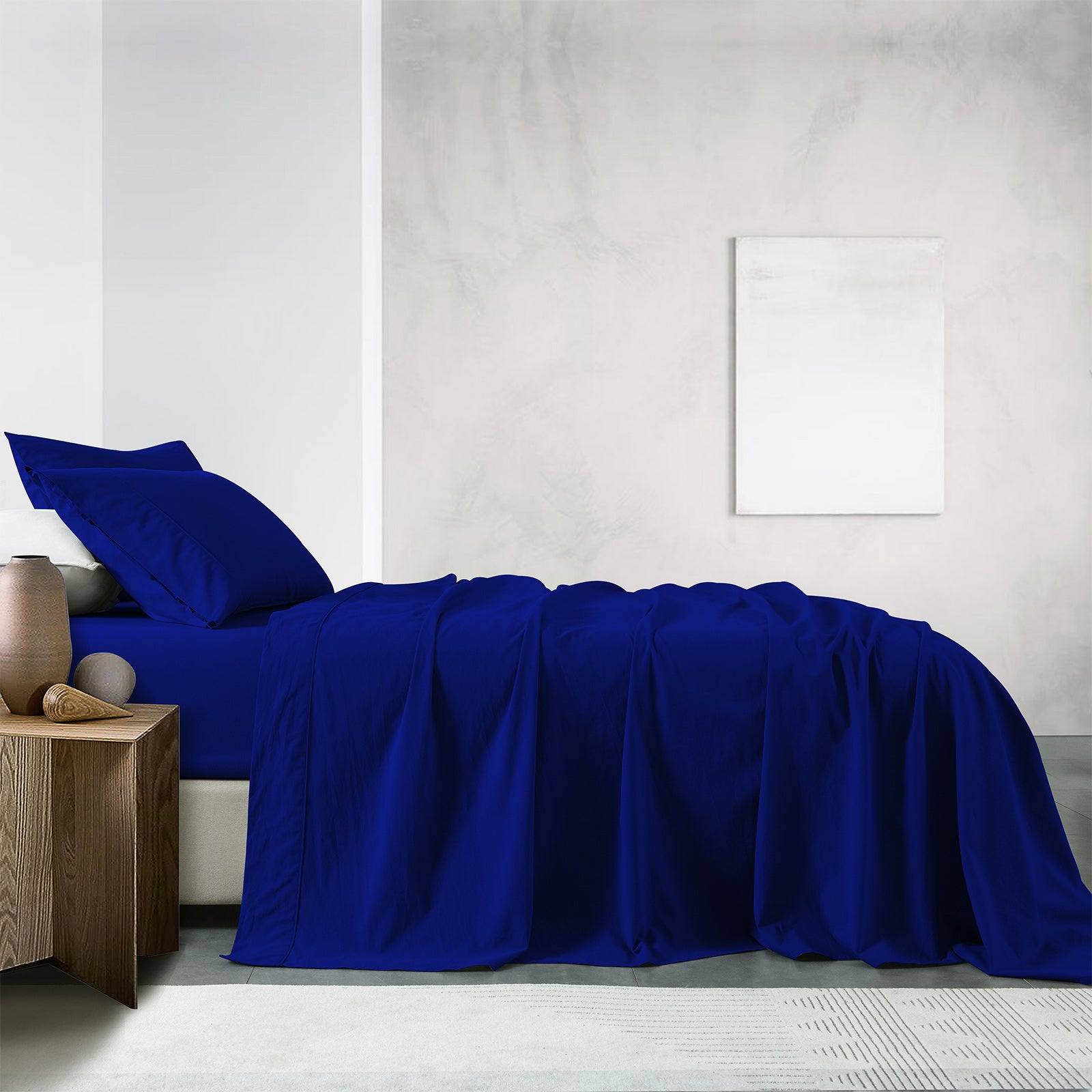 Royal Comfort Vintage Washed 100% Cotton Sheet Set Fitted Flat Sheet Pillowcases - Single - Royal Blue