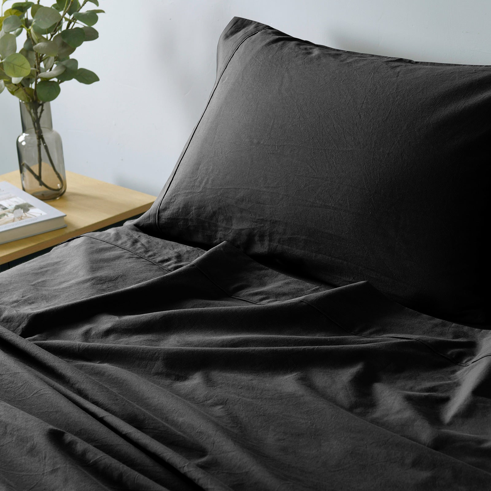 Royal Comfort Vintage Washed 100% Cotton Sheet Set Fitted Flat Sheet Pillowcases - Single - Charcoal