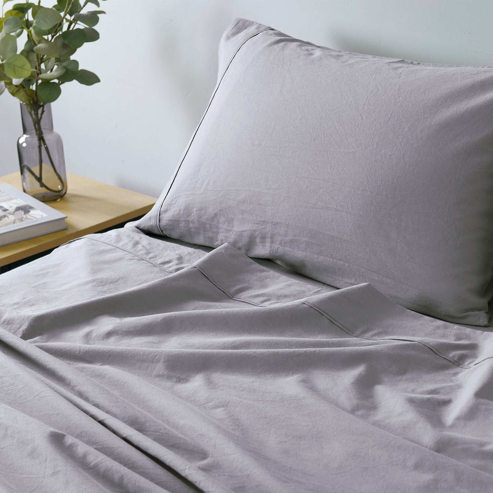 Royal Comfort Vintage Washed 100% Cotton Sheet Set Fitted Flat Sheet Pillowcases - Single - Grey