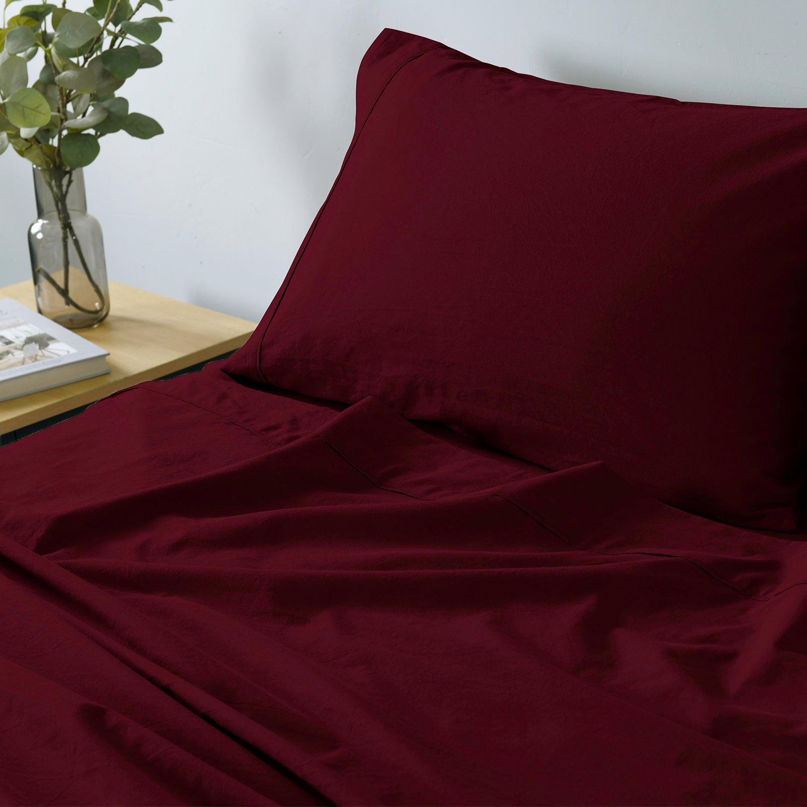 Royal Comfort Vintage Washed 100% Cotton Sheet Set Fitted Flat Sheet Pillowcases - Single - Mulled Wine