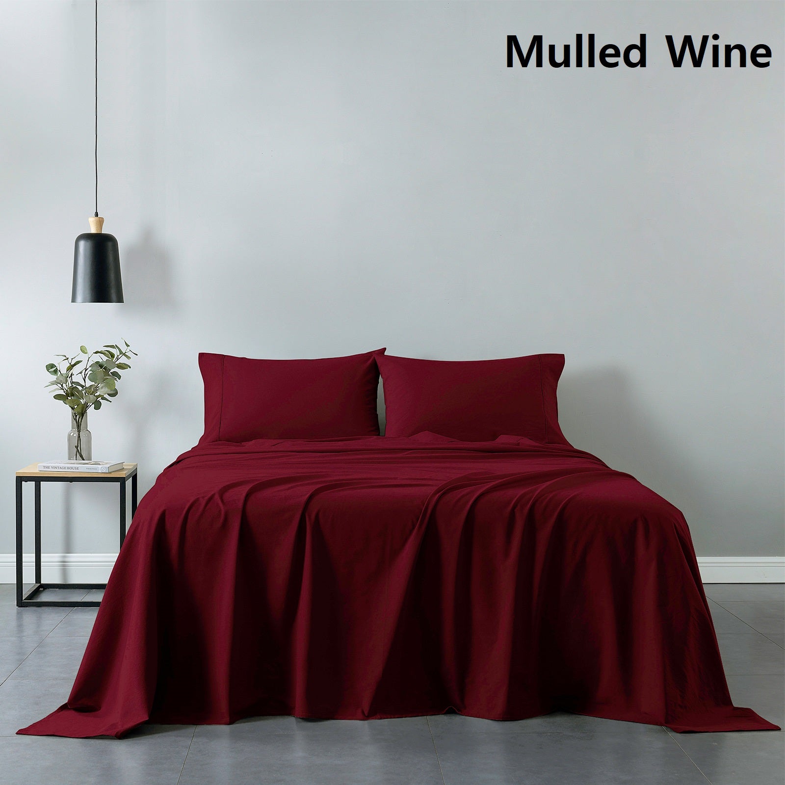 Royal Comfort Vintage Washed 100% Cotton Sheet Set Fitted Flat Sheet Pillowcases - Single - Mulled Wine