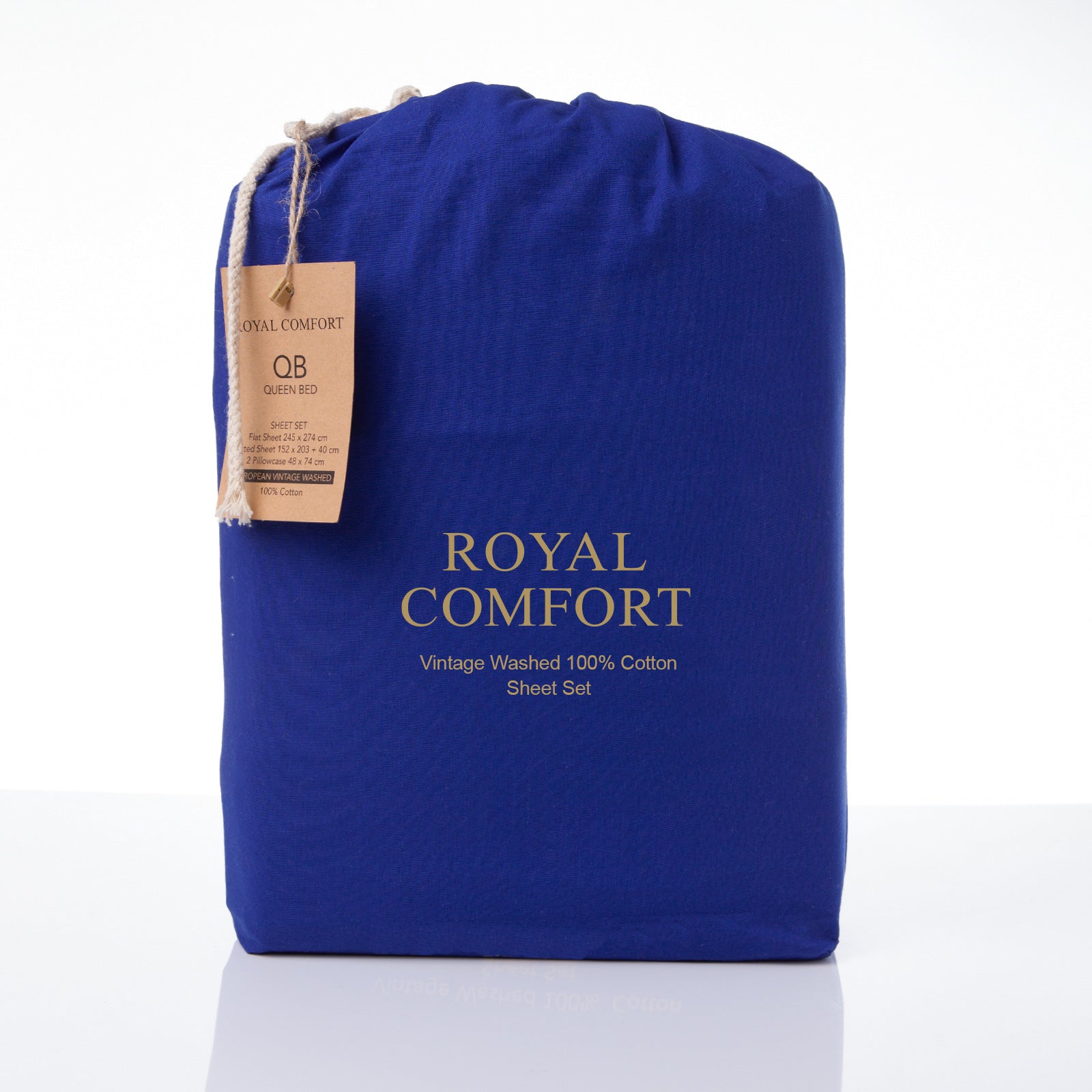 Royal Comfort Vintage Washed 100% Cotton Sheet Set Fitted Flat Sheet Pillowcases - Double - Royal Blue