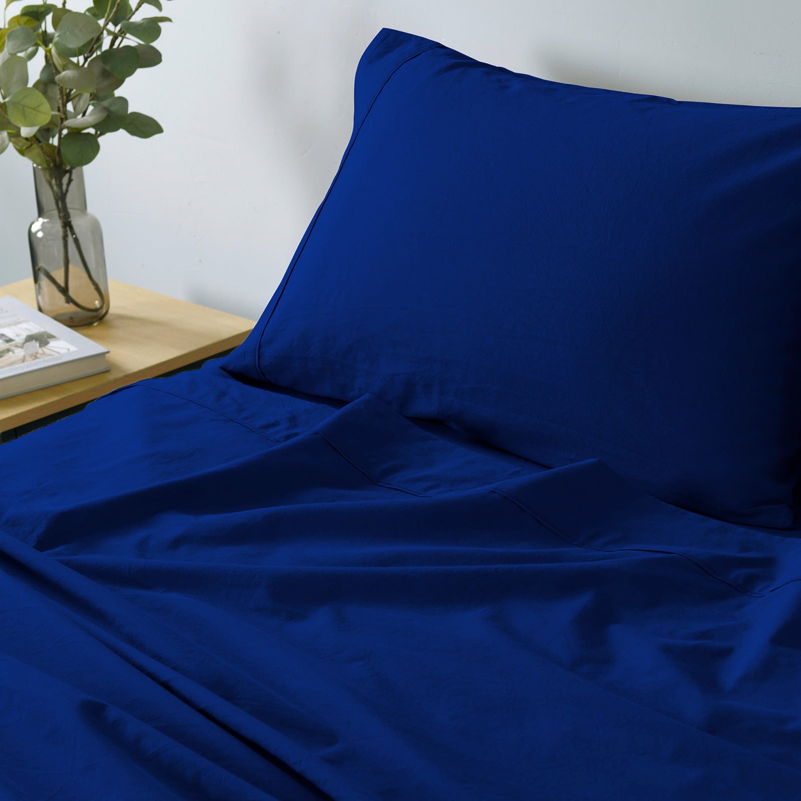 Royal Comfort Vintage Washed 100% Cotton Sheet Set Fitted Flat Sheet Pillowcases - Double - Royal Blue