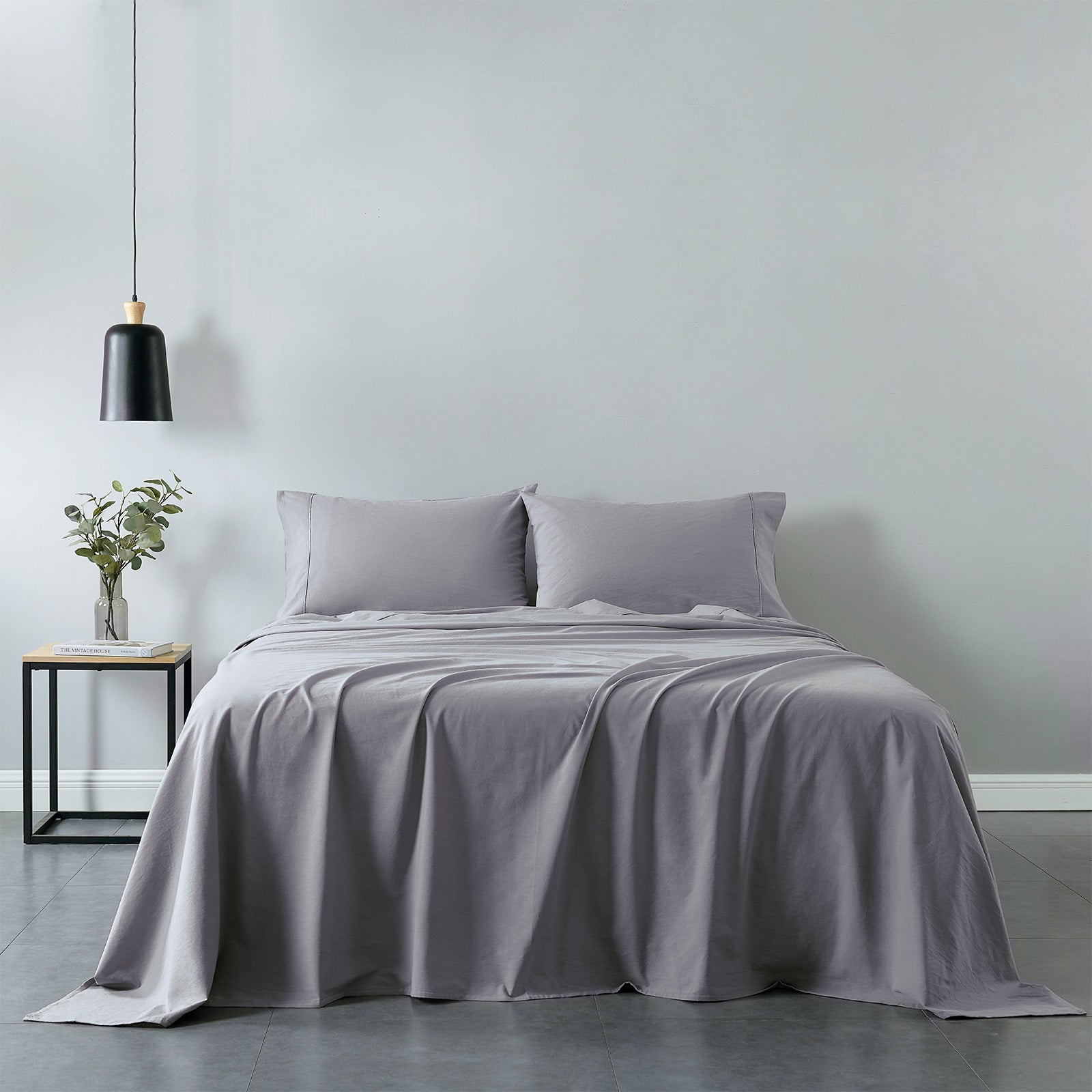 Royal Comfort Vintage Washed 100% Cotton Sheet Set Fitted Flat Sheet Pillowcases - Double - Grey