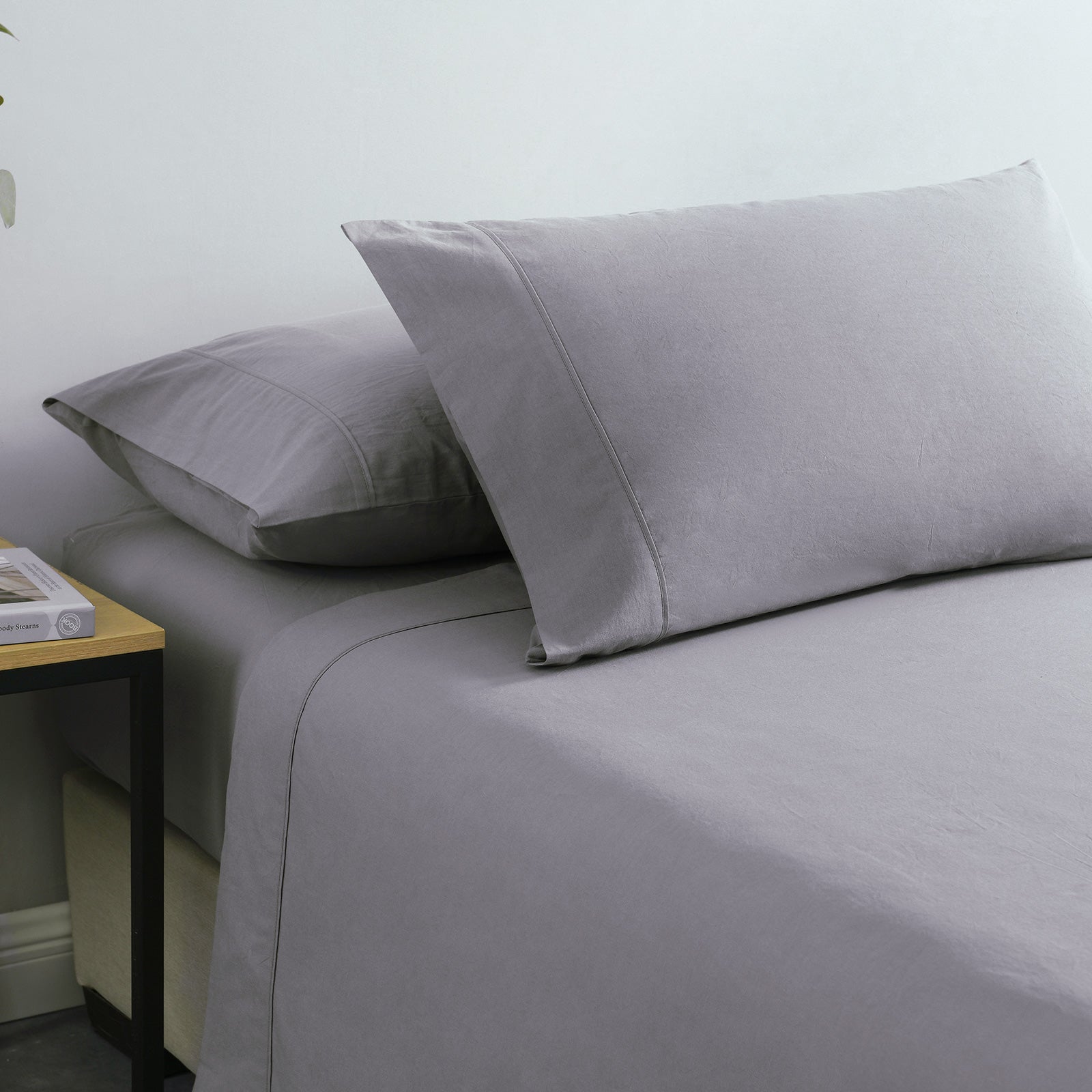 Royal Comfort Vintage Washed 100% Cotton Sheet Set Fitted Flat Sheet Pillowcases - Double - Grey