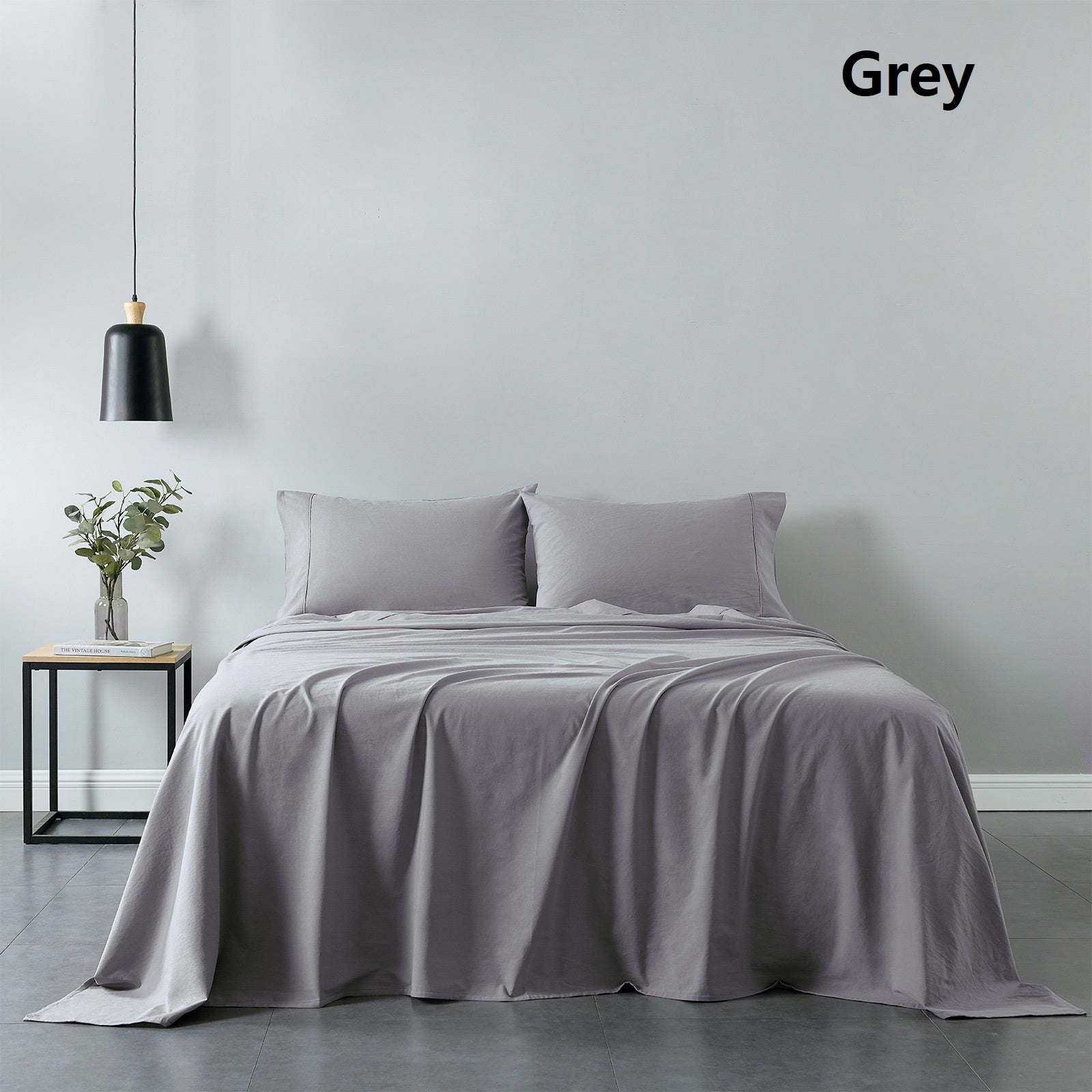 Royal Comfort Vintage Washed 100% Cotton Sheet Set Fitted Flat Sheet Pillowcases - Double - Grey