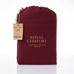 Royal Comfort Vintage Washed 100% Cotton Sheet Set Fitted Flat Sheet Pillowcases - Double - Mulled Wine