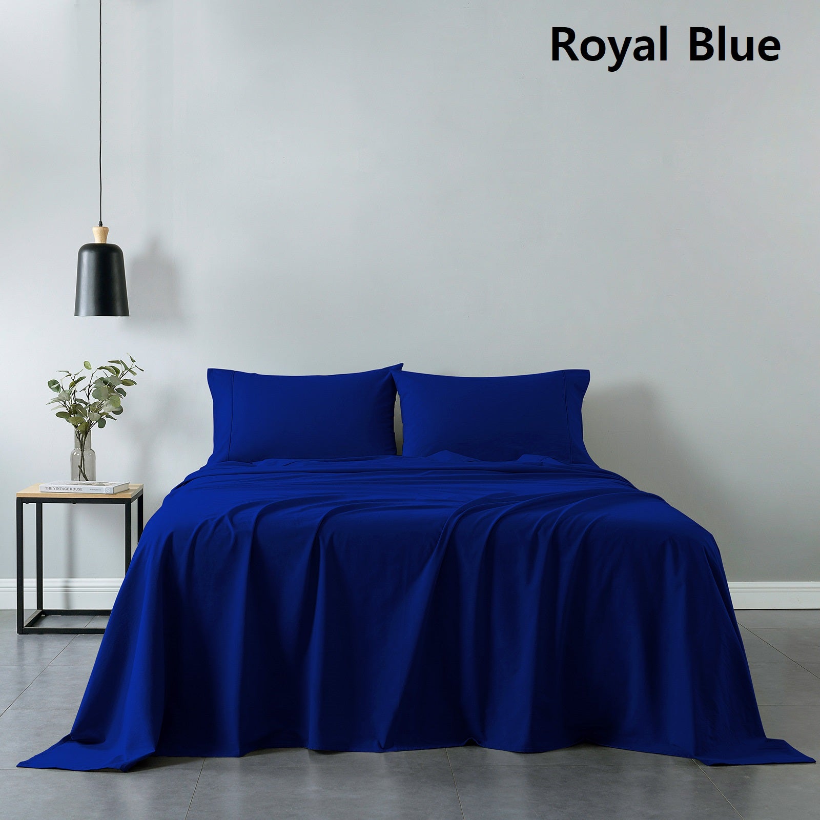 Royal Comfort Vintage Washed 100% Cotton Sheet Set Fitted Flat Sheet Pillowcases - Queen - Royal Blue