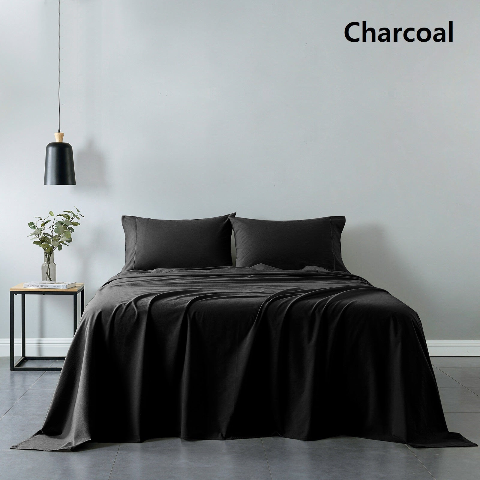 Royal Comfort Vintage Washed 100% Cotton Sheet Set Fitted Flat Sheet Pillowcases - Queen - Charcoal