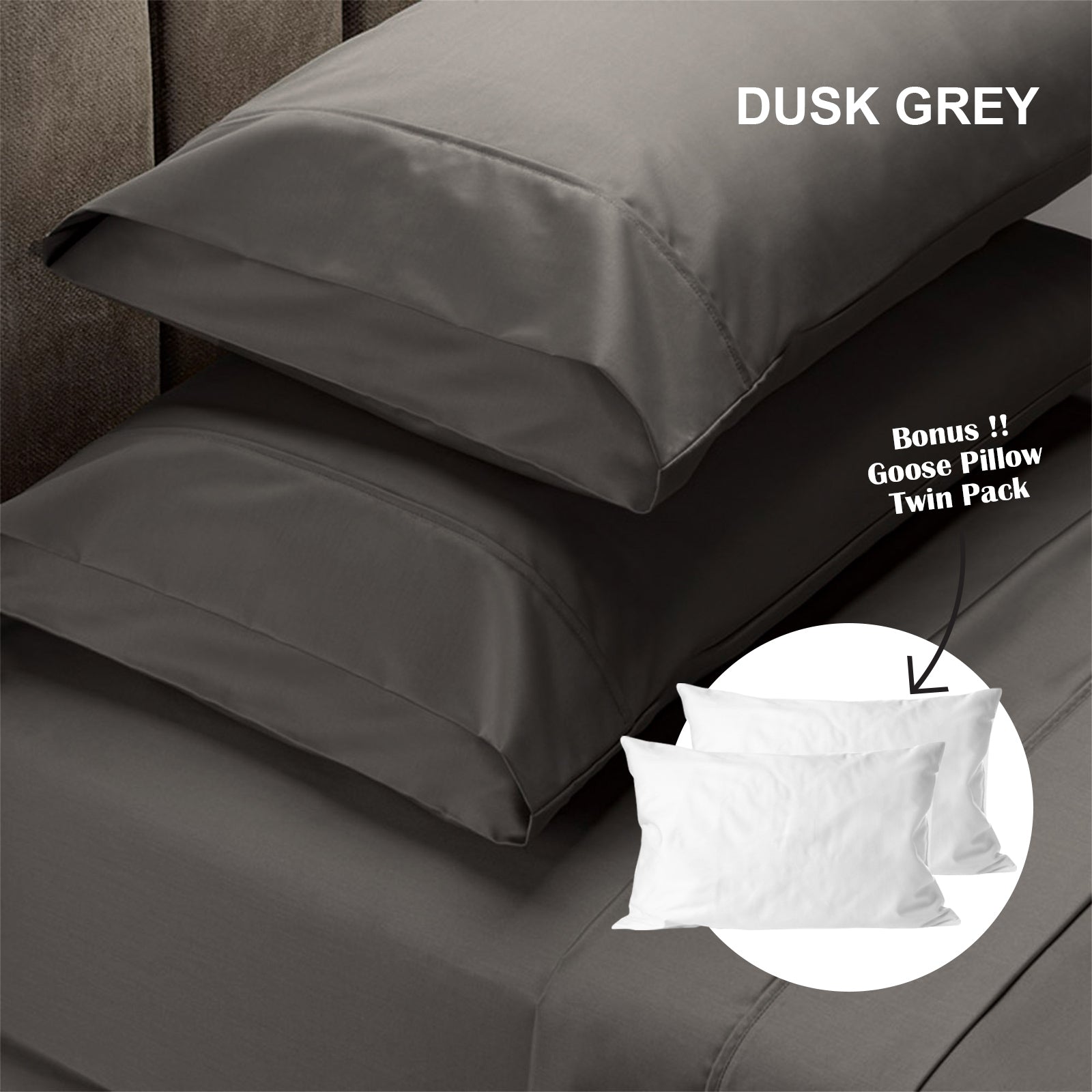 Royal Comfort 4 Piece 1500TC Sheet Set And Goose Feather Down Pillows 2 Pack Set - Double - Dusk Grey