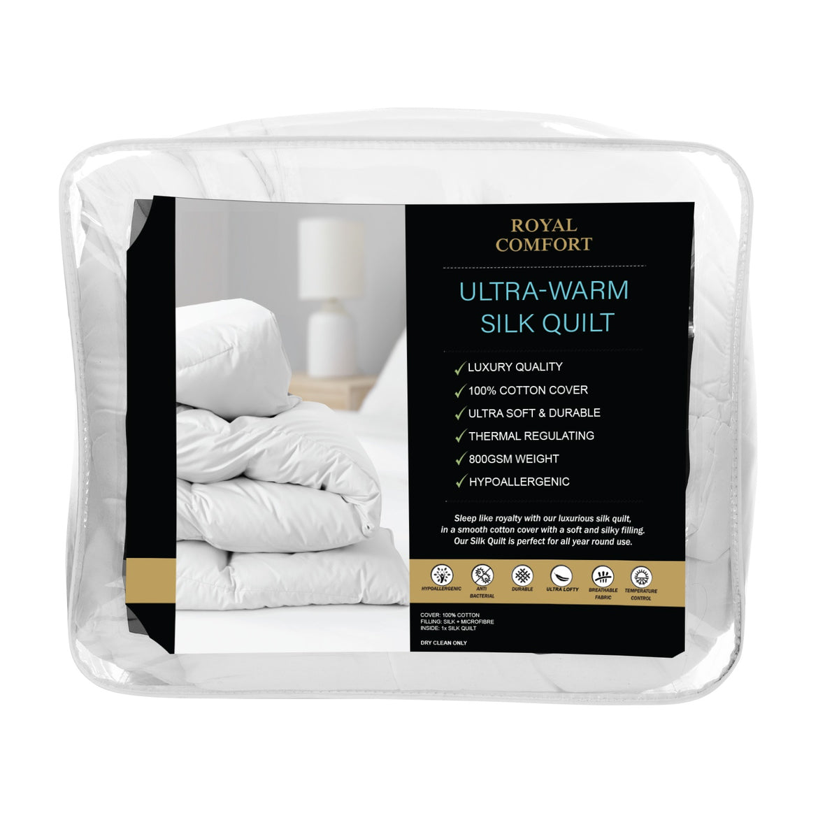 Royal Comfort 800GSM Silk Blend Quilt Duvet Ultra Warm Winter Weight  - Single - White