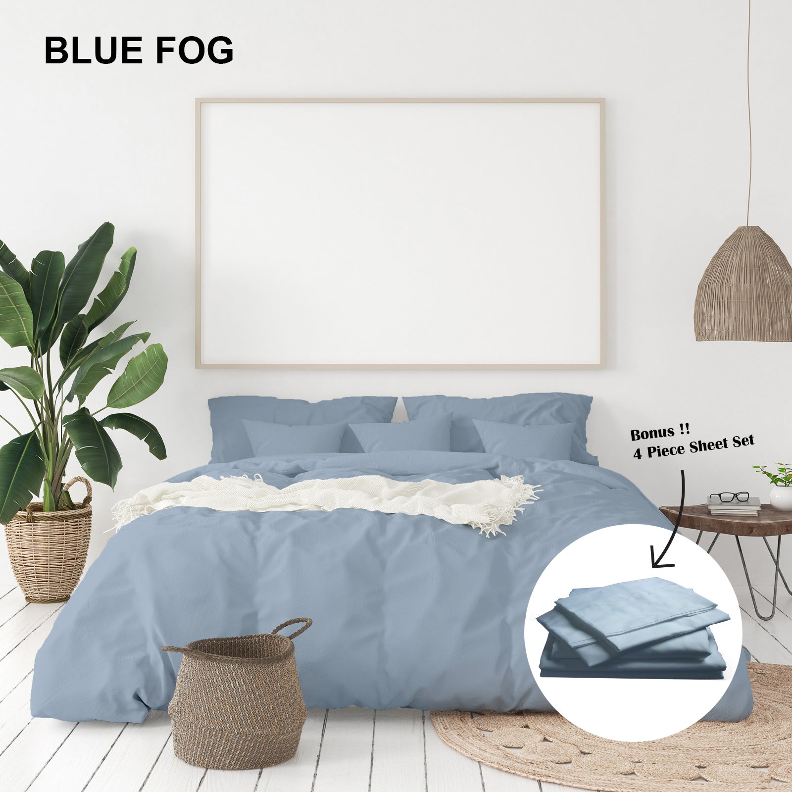 Royal Comfort 1000 Thread Count Bamboo Cotton Sheet and Quilt Cover Complete Set - King - Blue Fog