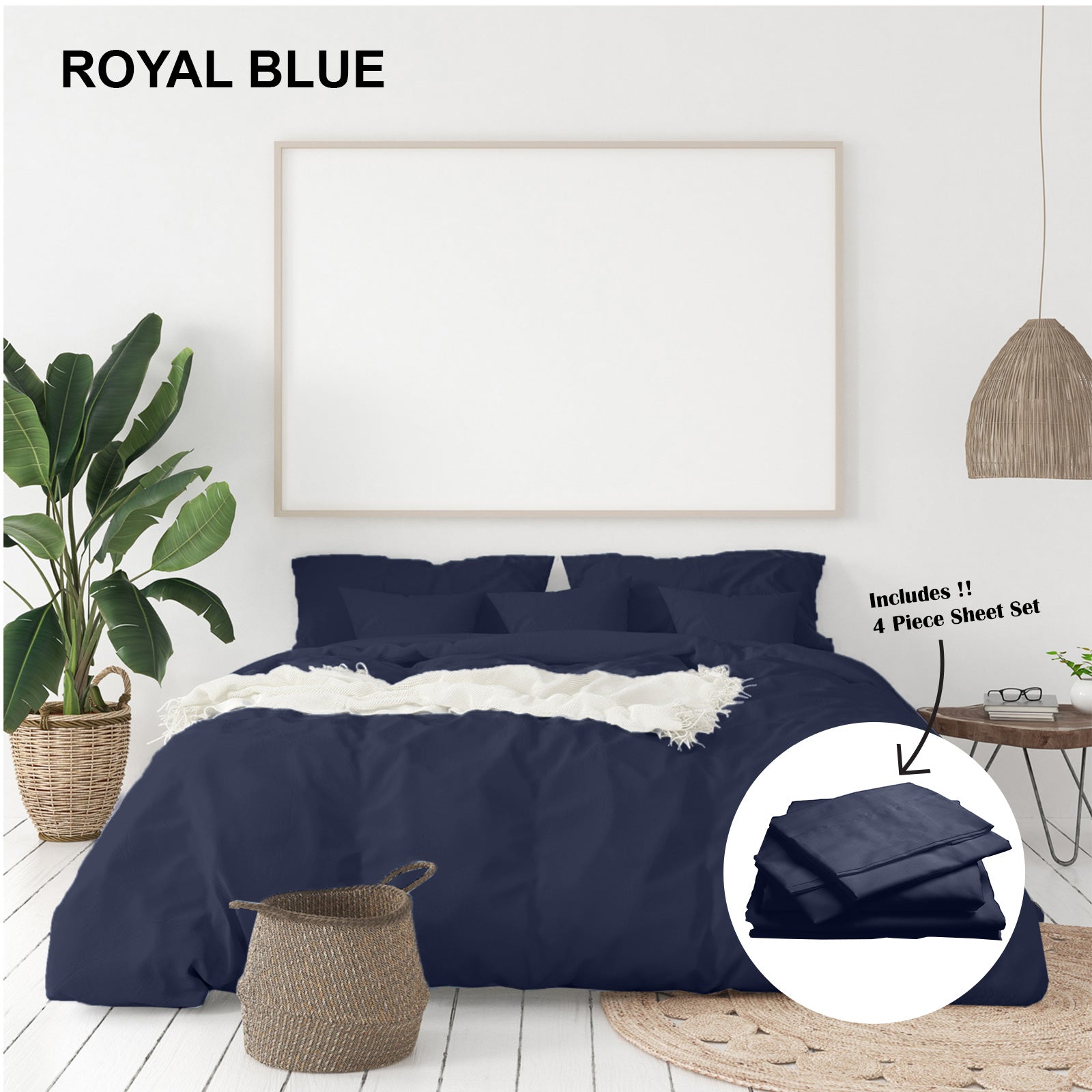 Royal Comfort 1000 Thread Count Bamboo Cotton Sheet and Quilt Cover Complete Set - King - Royal Blue