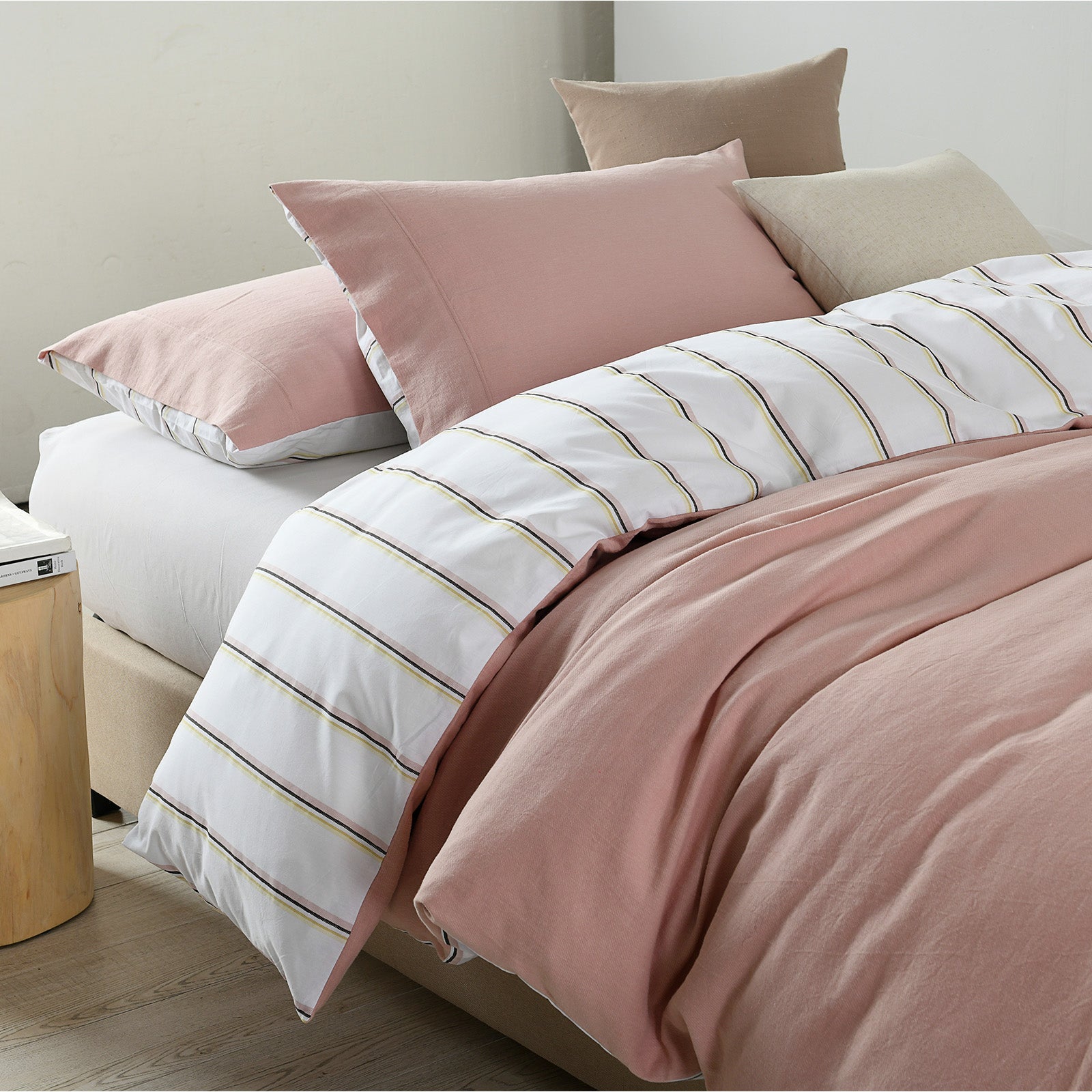 Royal Comfort Hemp Braid Cotton Blend Quilt Cover Set Reverse Stripe Bedding - Queen - Dusk Pink