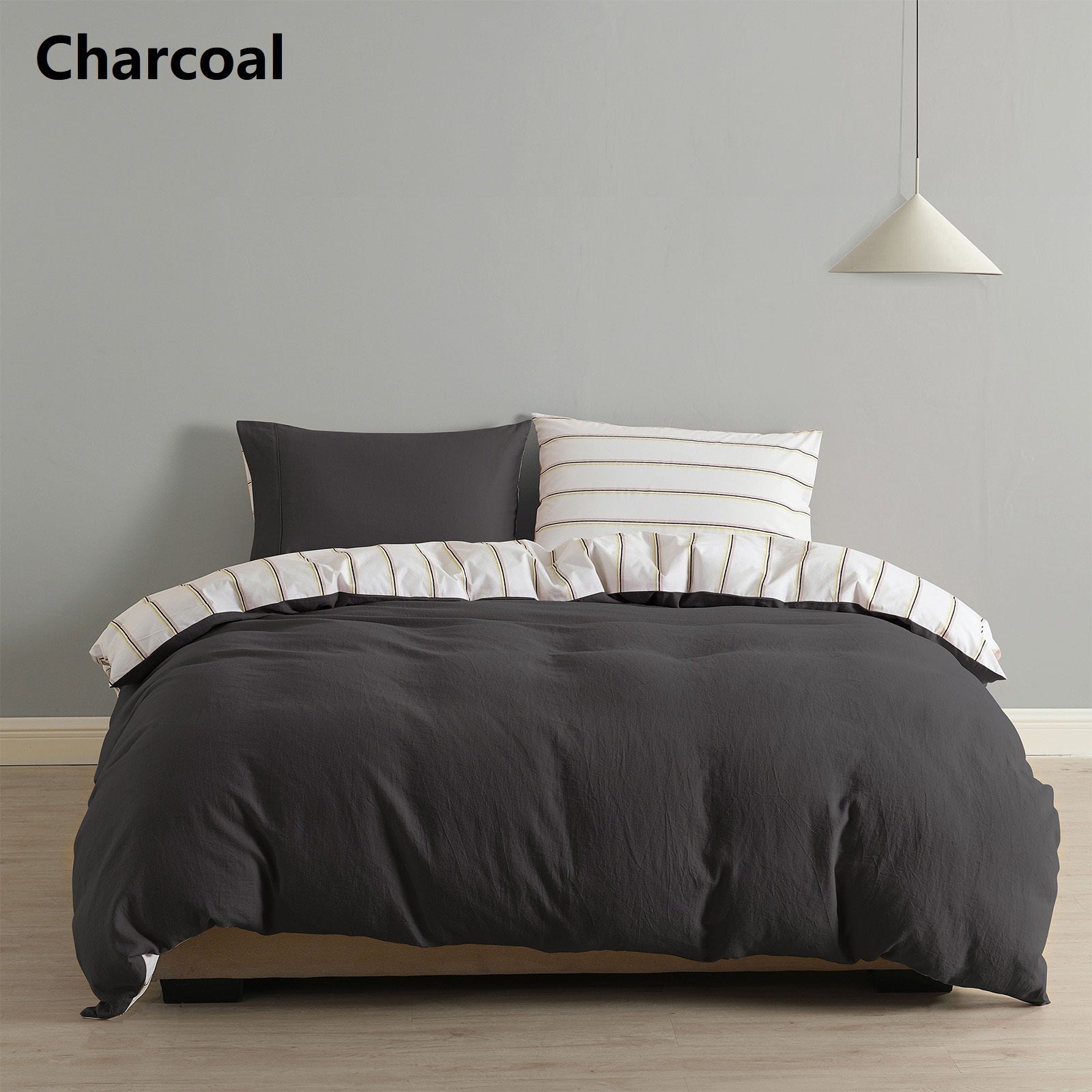 Royal Comfort Hemp Braid Cotton Blend Quilt Cover Set Reverse Stripe Bedding - Queen - Charcoal