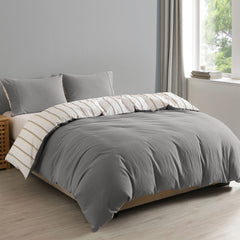 Royal Comfort Hemp Braid Cotton Blend Quilt Cover Set Reverse Stripe Bedding - King - Light Grey