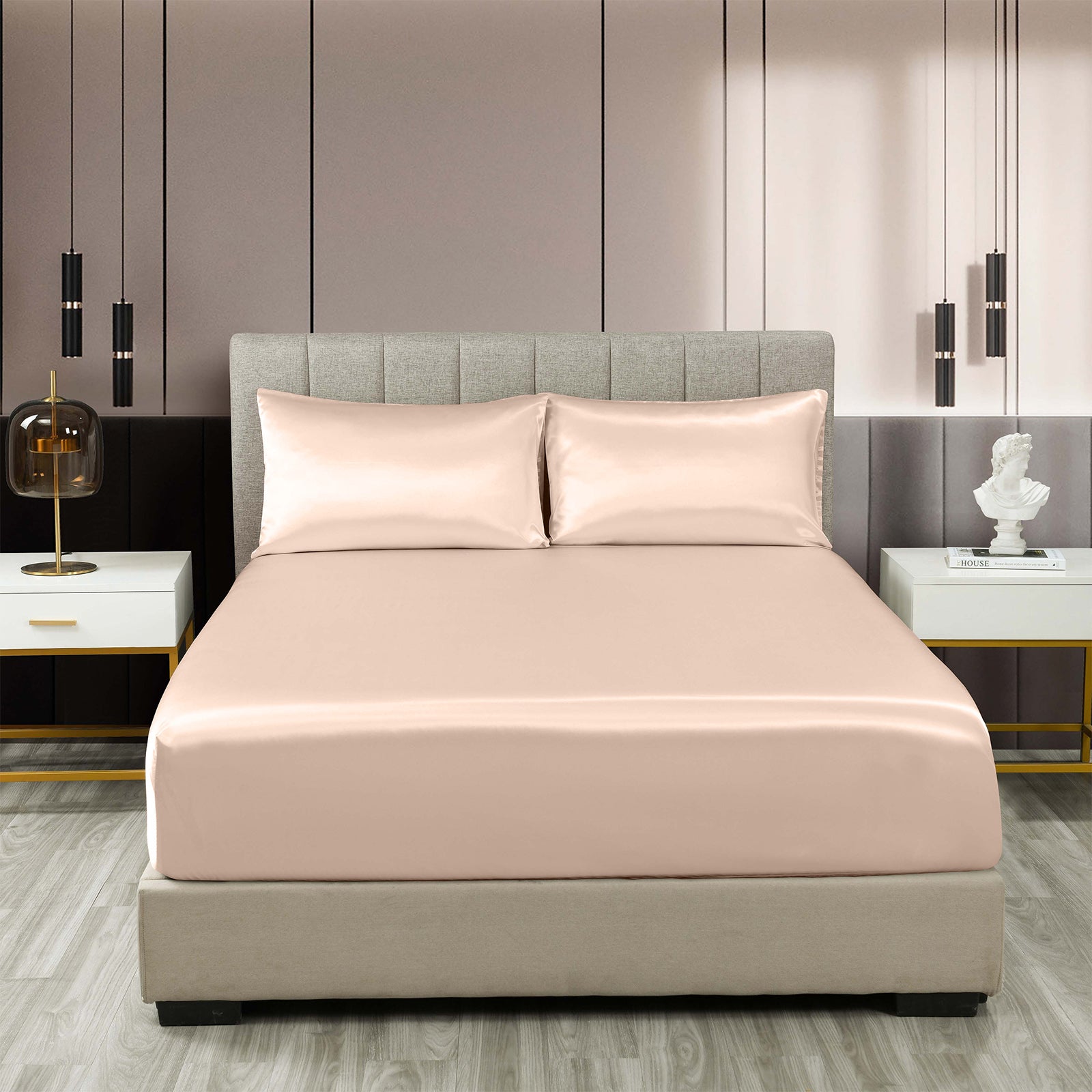 Royal Comfort Satin Sheet Set 3 Piece Fitted Sheet Pillowcase Soft  - Queen - Champagne Pink