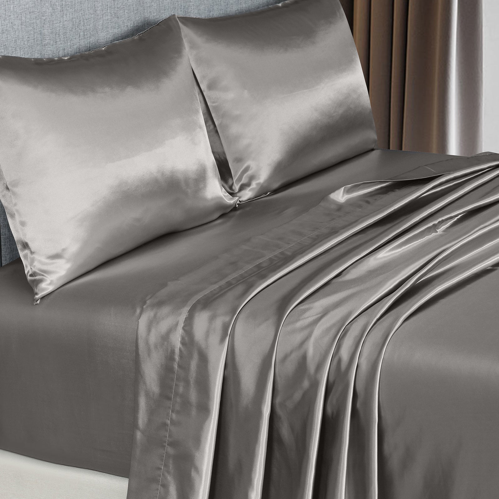 Royal Comfort Satin Sheet Set 4 Piece Fitted Flat Sheet Pillowcases  - Queen - Charcoal