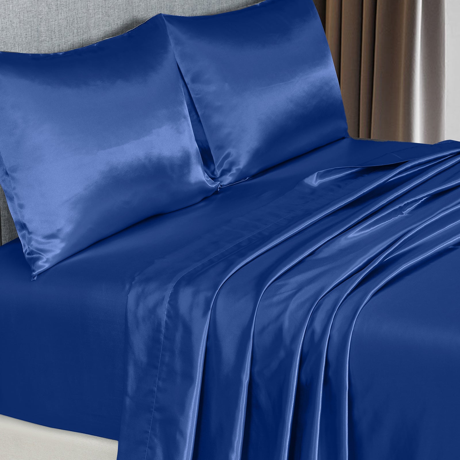 Royal Comfort Satin Sheet Set 4 Piece Fitted Flat Sheet Pillowcases  - Queen - Navy Blue