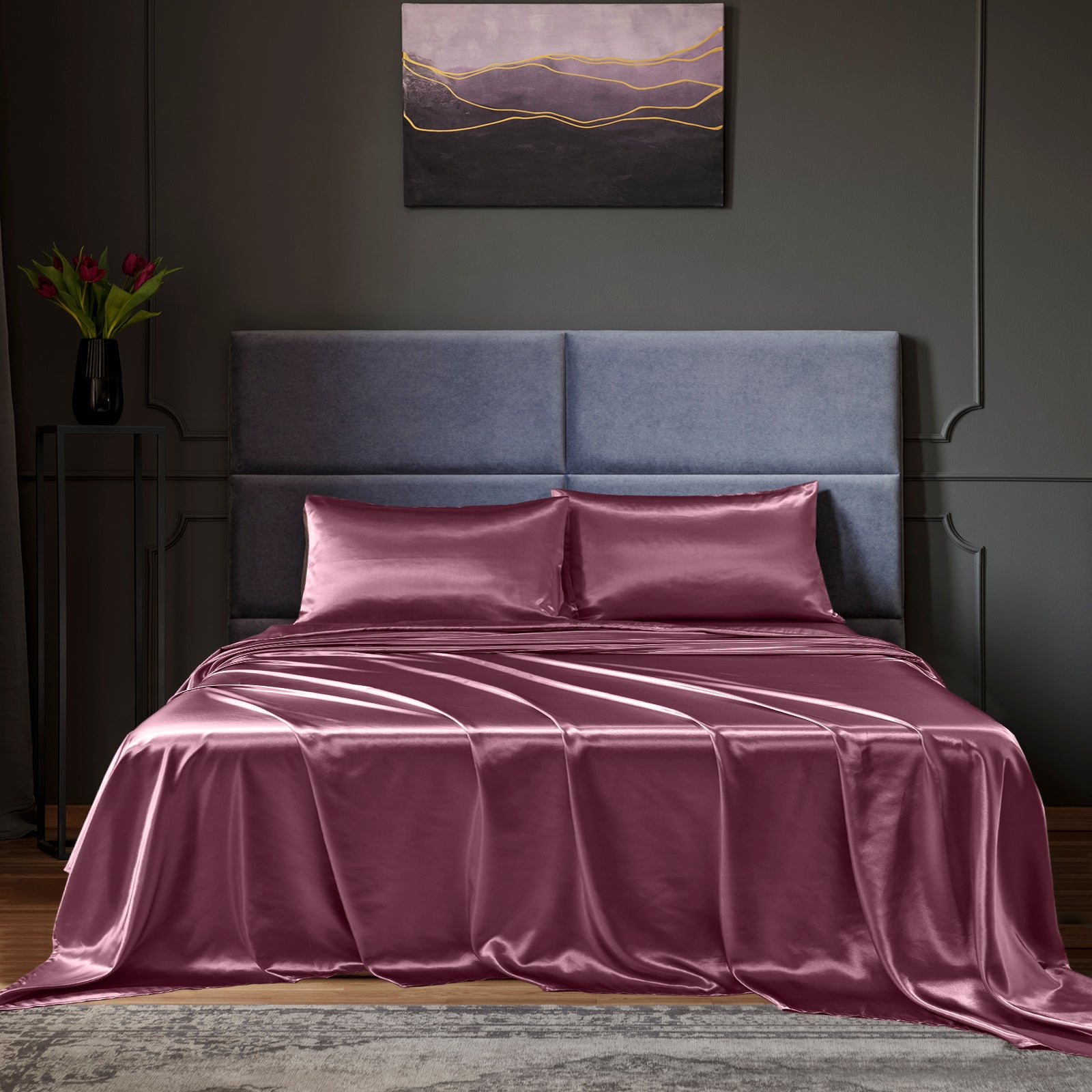 Royal Comfort Satin Sheet Set 4 Piece Fitted Flat Sheet Pillowcases  - King - Malaga Wine