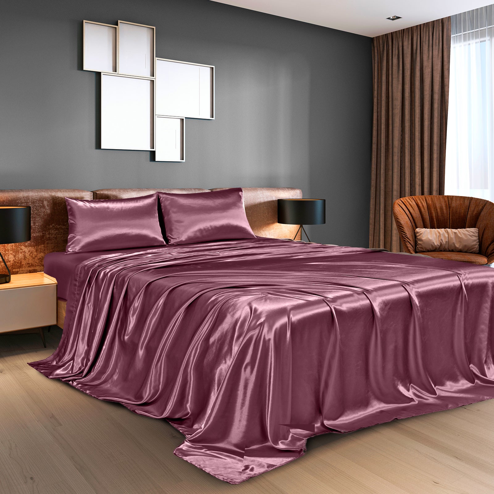 Royal Comfort Satin Sheet Set 4 Piece Fitted Flat Sheet Pillowcases  - King - Malaga Wine