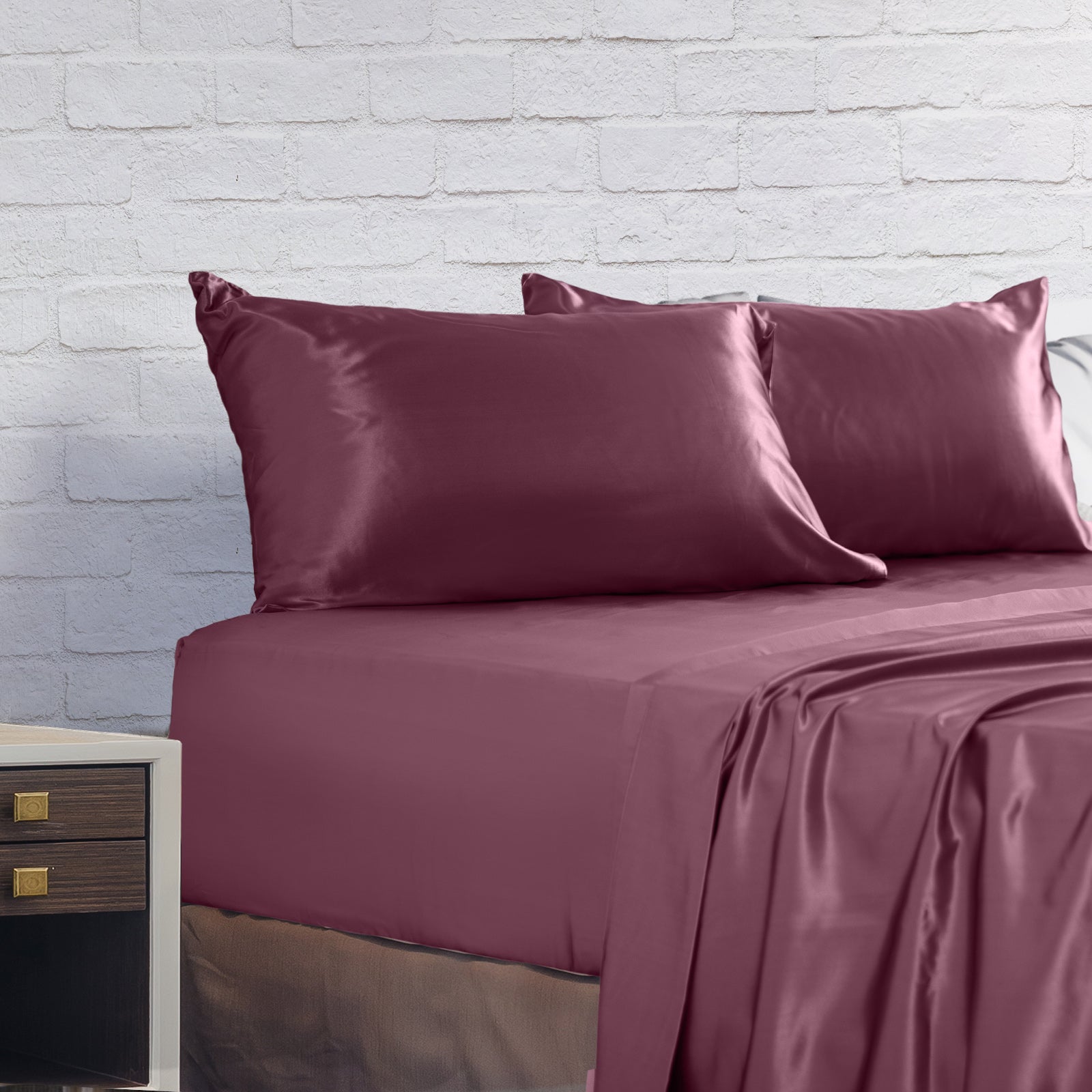 Royal Comfort Satin Sheet Set 4 Piece Fitted Flat Sheet Pillowcases  - King - Malaga Wine