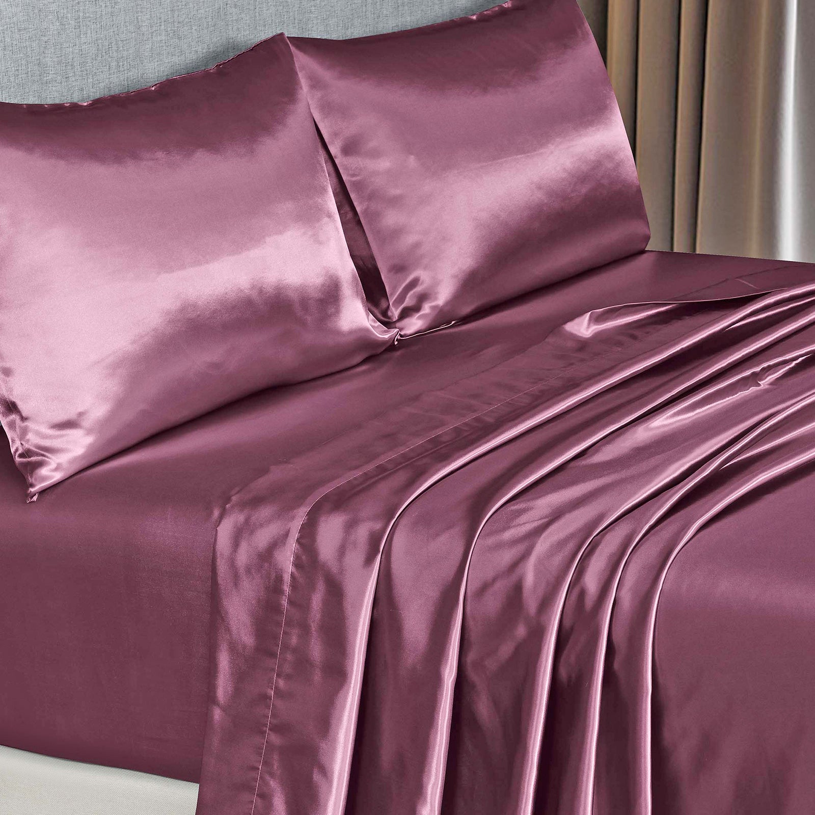 Royal Comfort Satin Sheet Set 4 Piece Fitted Flat Sheet Pillowcases  - King - Malaga Wine