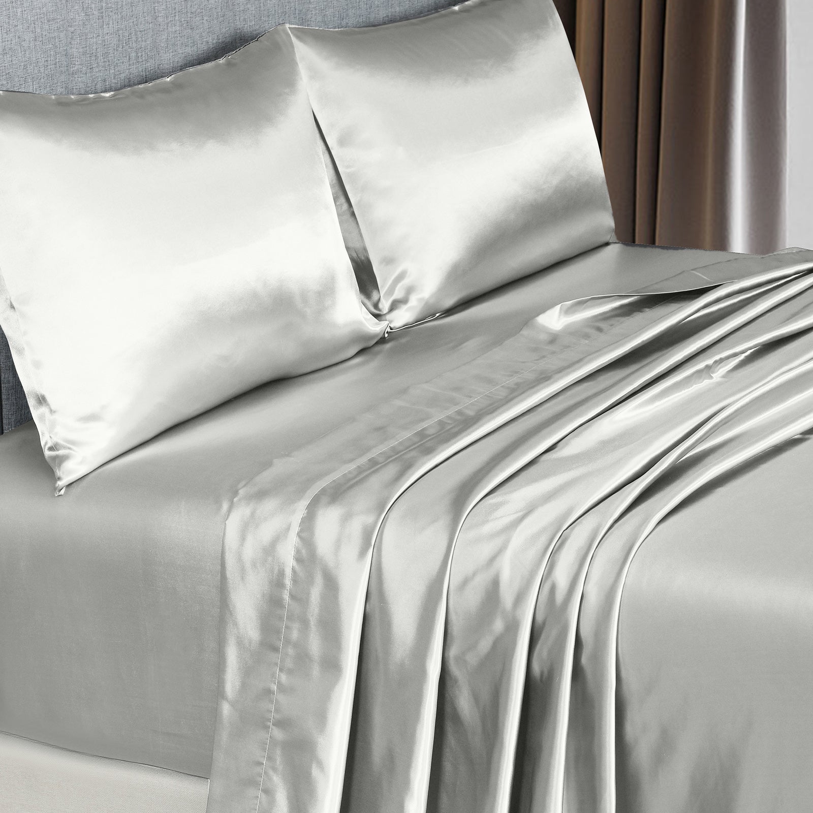 Royal Comfort Satin Sheet Set 4 Piece Fitted Flat Sheet Pillowcases  - King - Silver