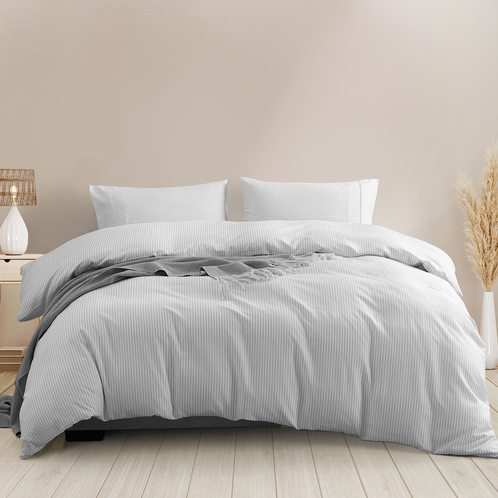 Royal Comfort Striped Flax Linen Blend Quilt Cover Set Soft Touch Bedding - Queen - Grey