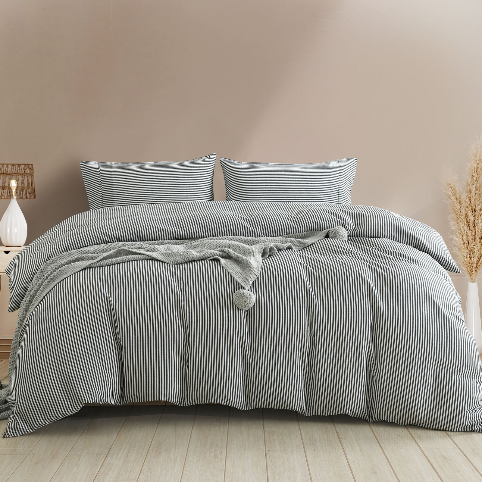 Royal Comfort Striped Flax Linen Blend Quilt Cover Set Soft Touch Bedding - Queen - Charcoal