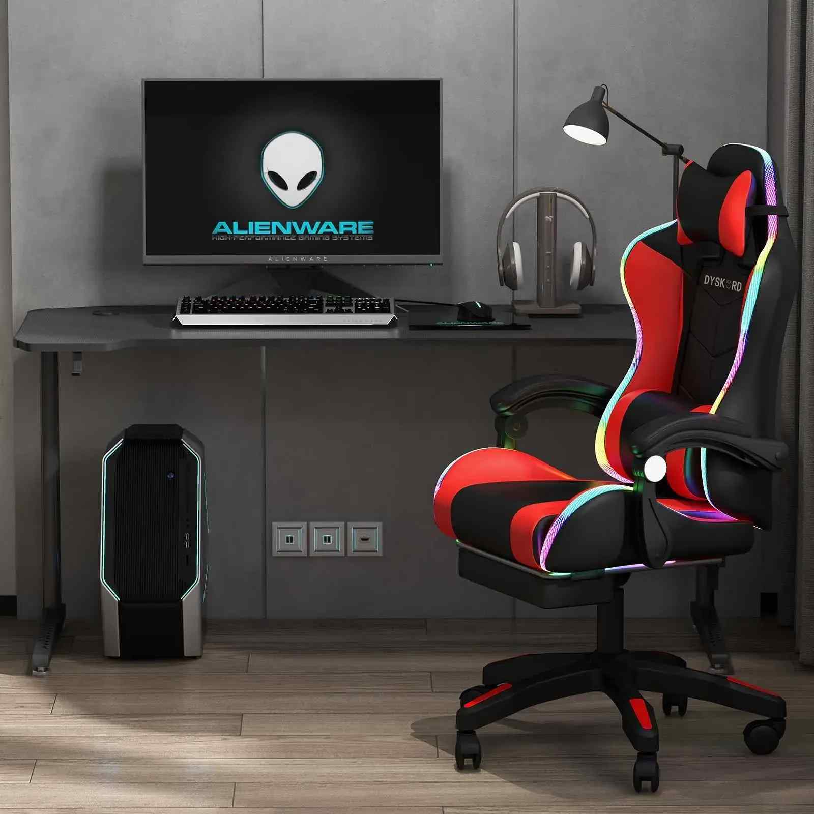 Dyskord Gaming Chair RGB LED Lighting Leg Rest Vibrating Lumbar Support Padded