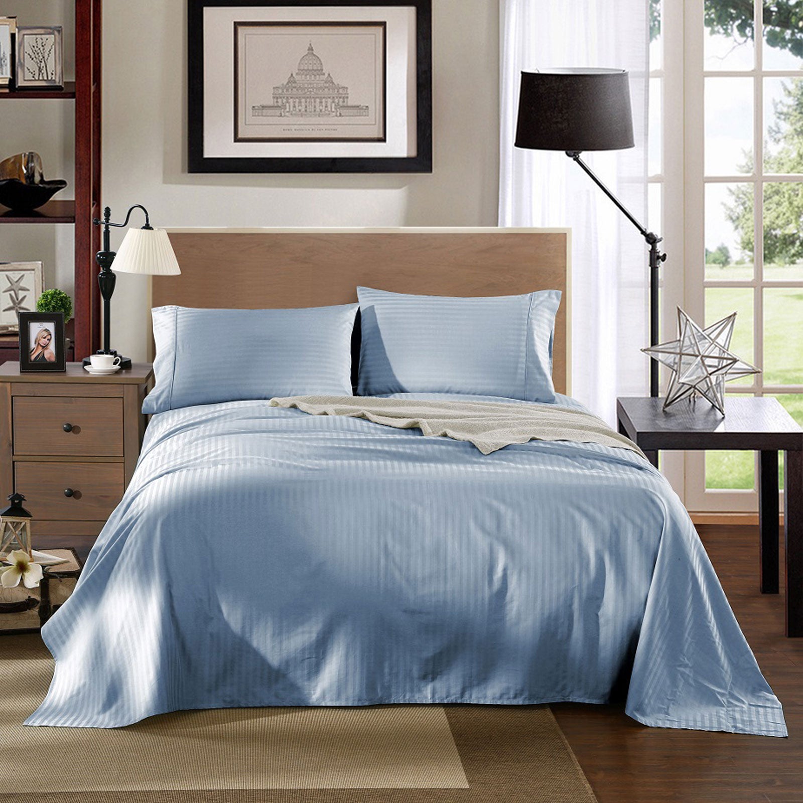 Kensington 1200 Thread Count 100% Egyptian Cotton Sheet Set Stripe Hotel Grade - Double - Chambray