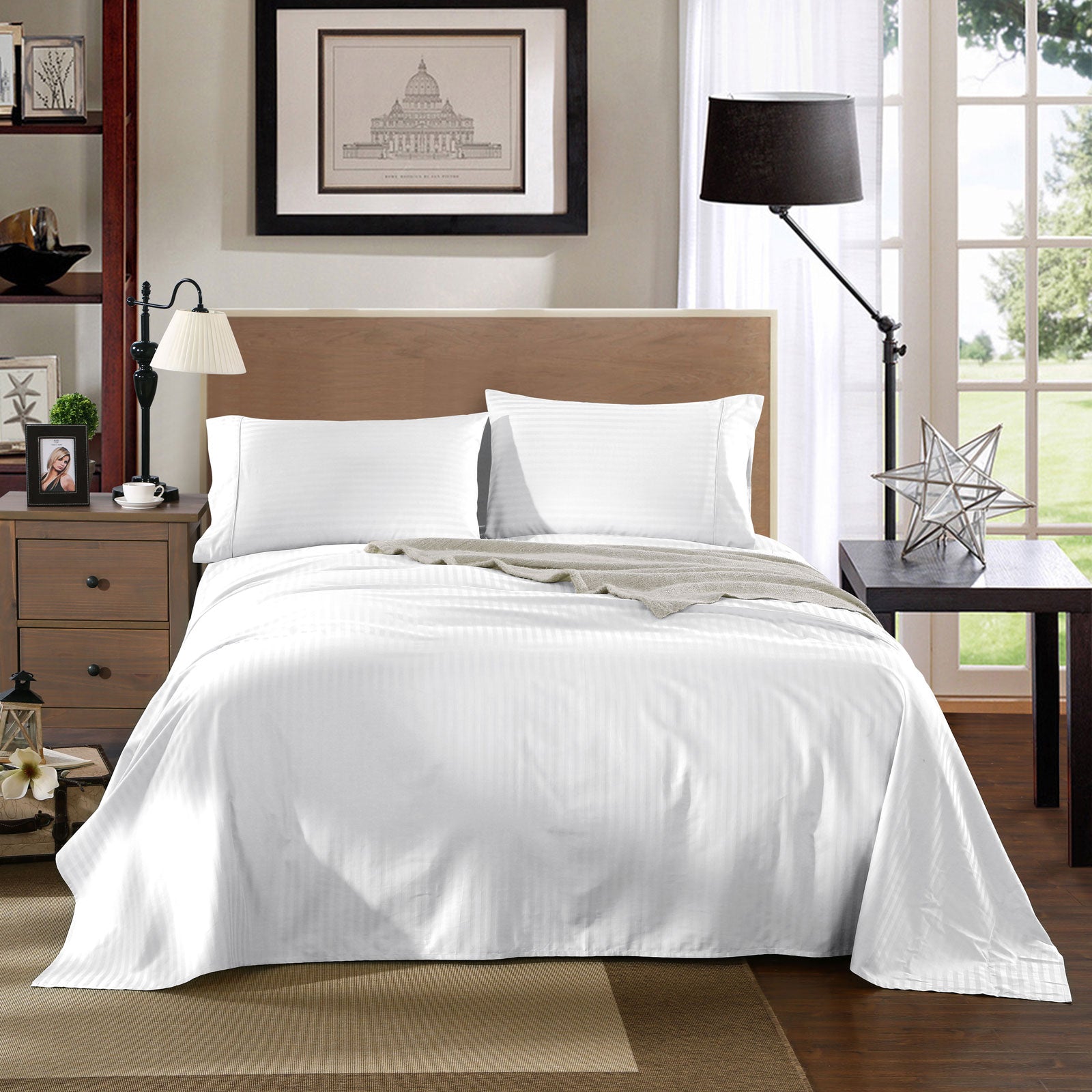 Kensington 1200 Thread Count 100% Egyptian Cotton Sheet Set Stripe Hotel Grade - Queen - White